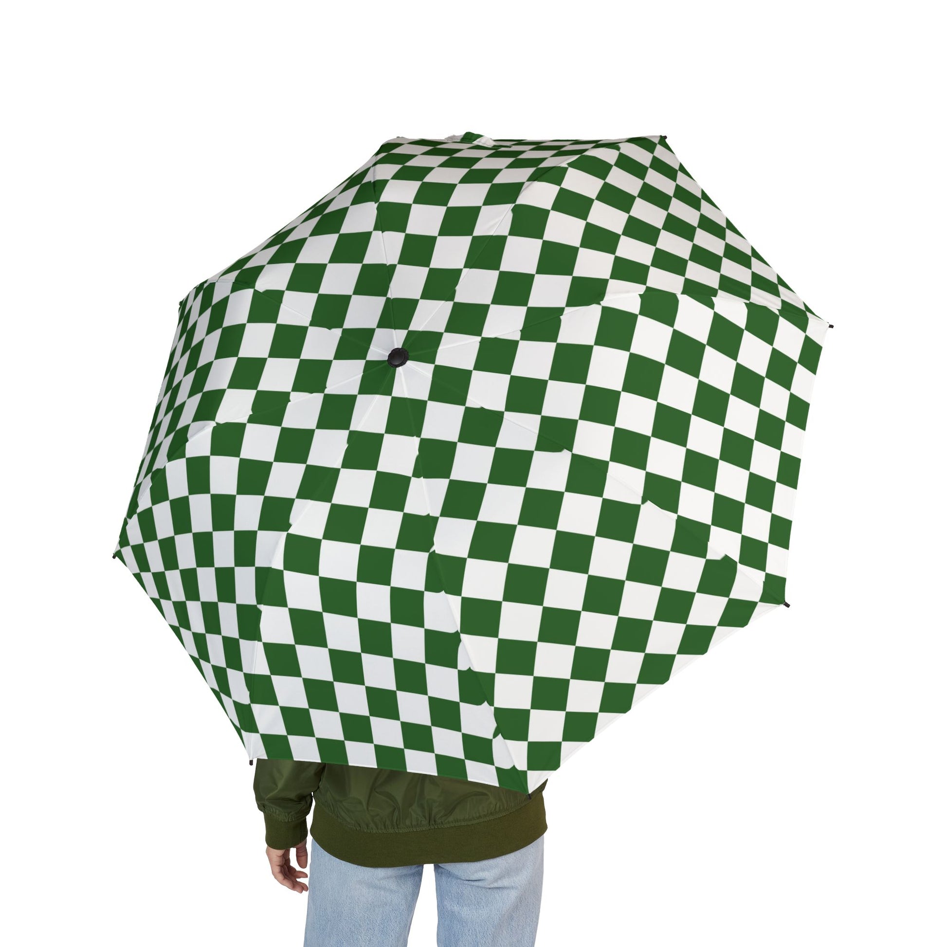 Checkerboard White and Dark Green Semi-Automatic Foldable Umbrella, Artsulli - Art is Long, Life is Short, Accessories, , , , , , , 