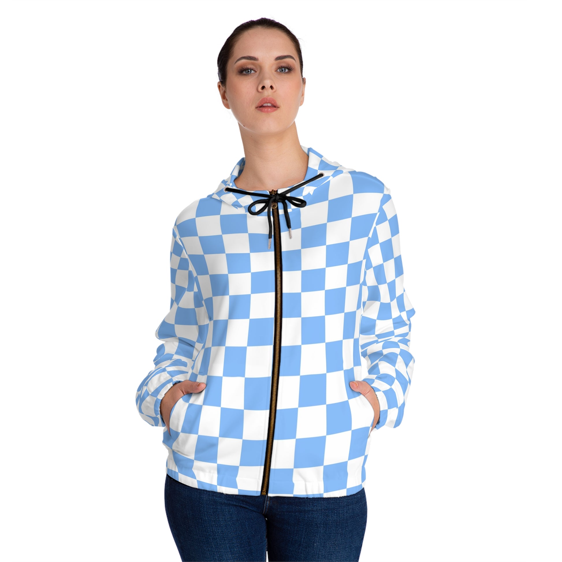Checkerboard White and Light Blue Women’s Full-Zip Hoodie (AOP), Artsulli - Art is Long, Life is Short, All Over Prints, , , , , , , 