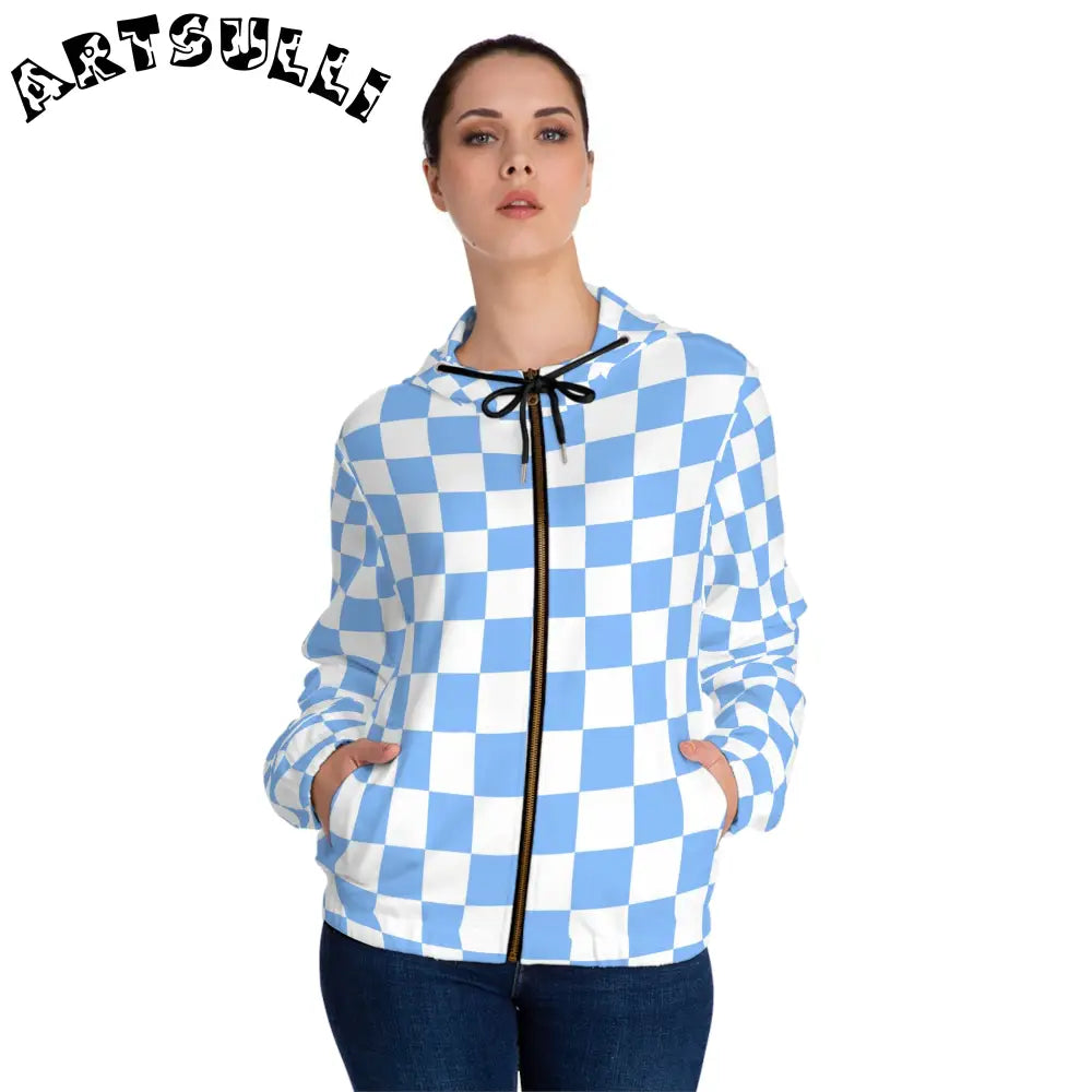 JAKKOUTTHEBXX Checkerboard White and Light Blue Women’s Full-Zip