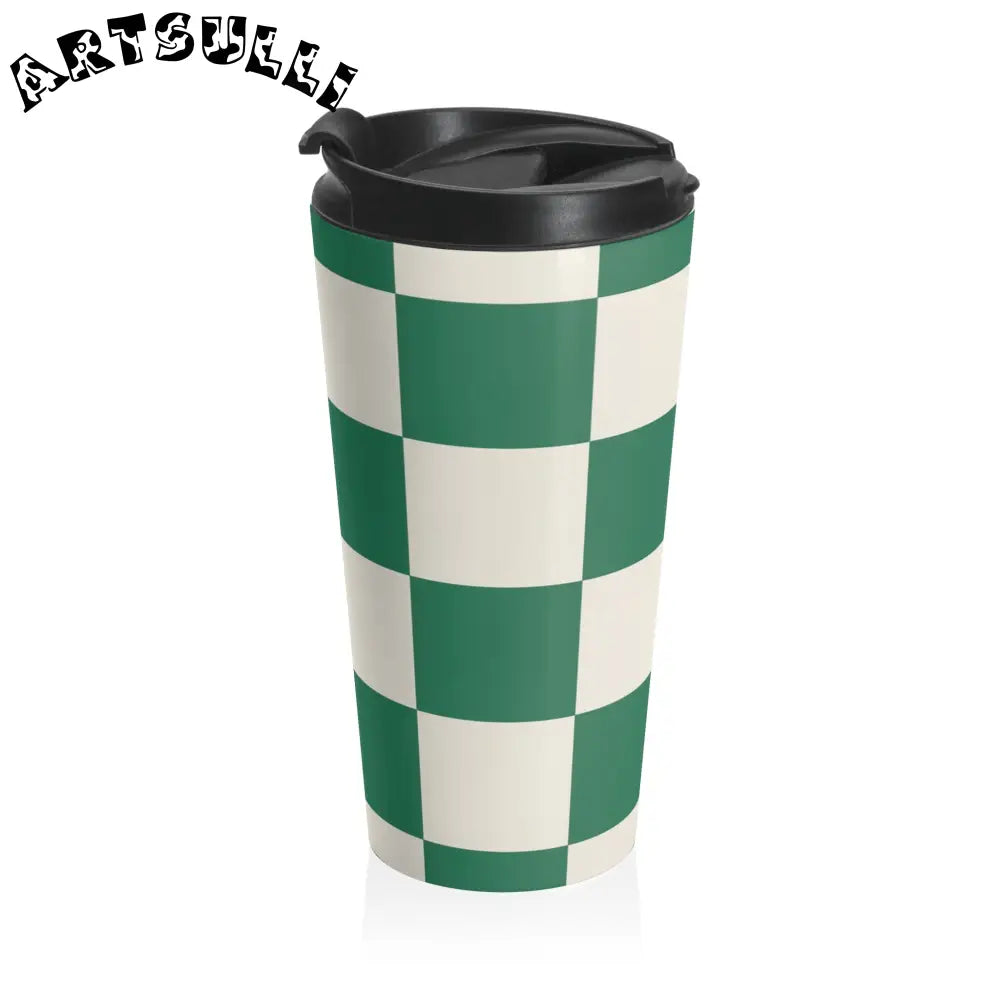 JAKKOUTTHEBXX Checkerboard Dark Green Stainless Steel Travel Mug