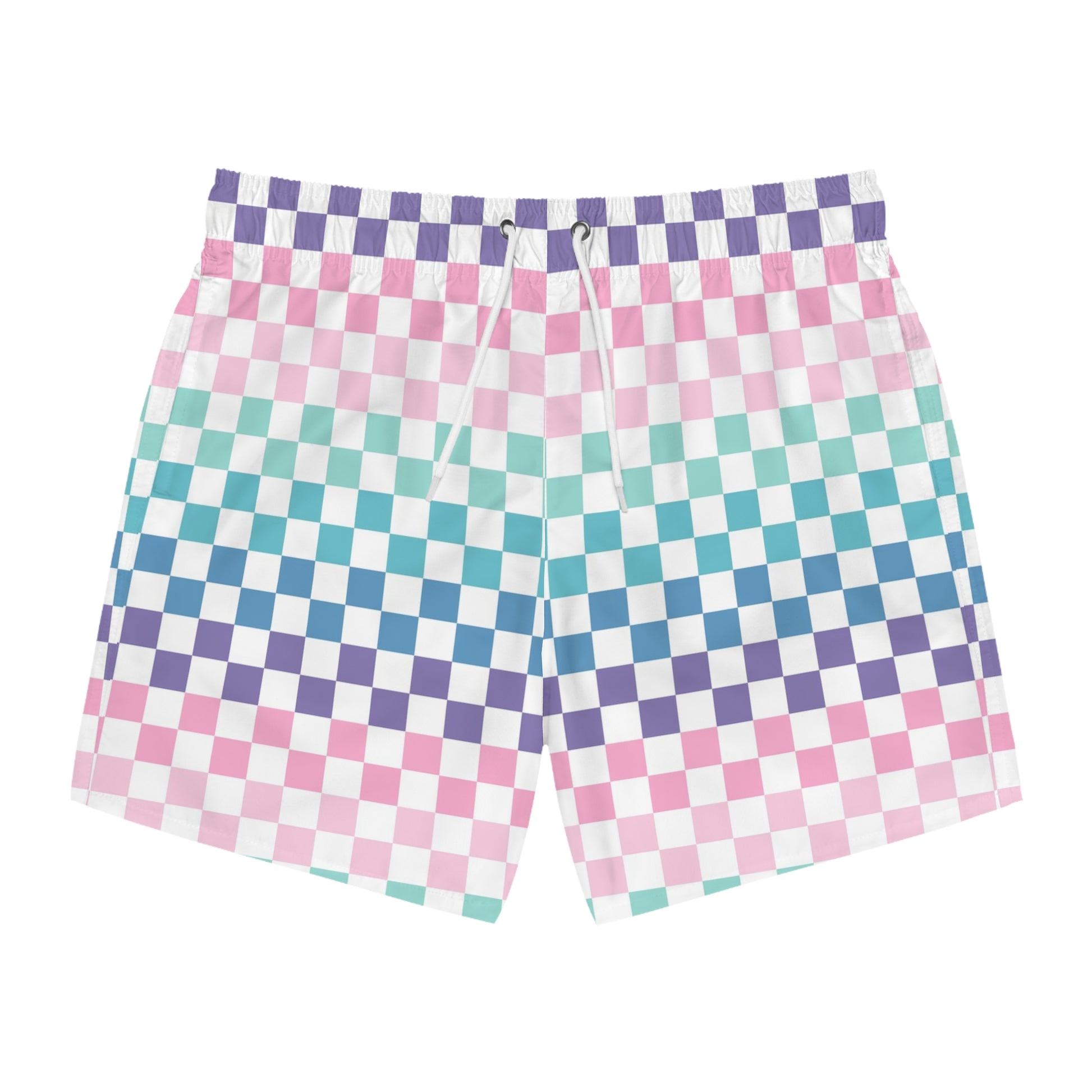 Vaporwave Rainbow  Checkerboard II Multi-Color Swim Trunks (AOP), Artsulli - Art is Long, Life is Short, All Over Prints, Size, XS, Color, Seam thread color automatically matched to design, , , 21374986323422519622
