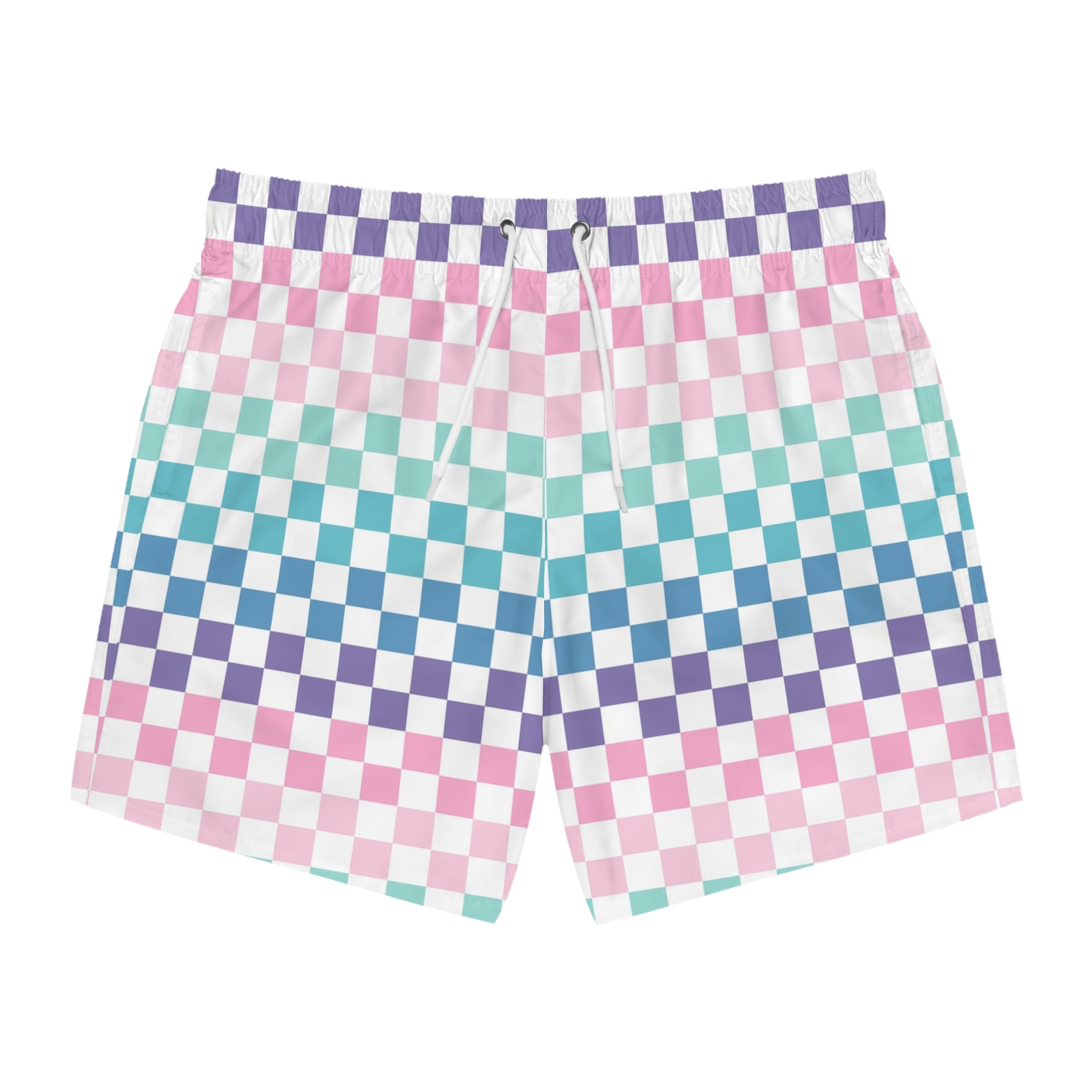 Vaporwave Rainbow  Checkerboard II Multi-Color Swim Trunks (AOP), Artsulli - Art is Long, Life is Short, All Over Prints, Size, XS, Color, Seam thread color automatically matched to design, , , 21374986323422519622