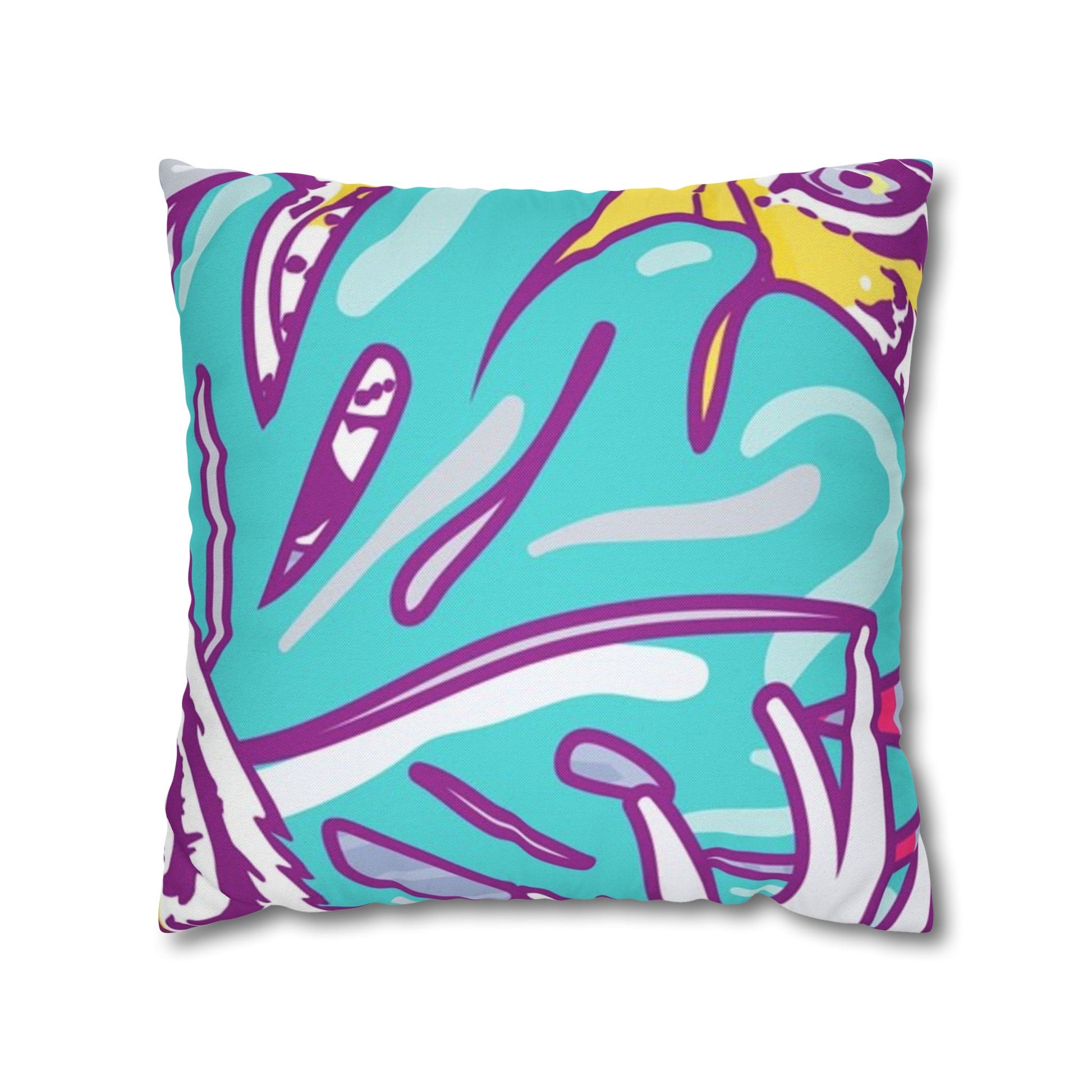 Tropical Floral Tigers Torquise and Purple Spun Polyester Square Pillowcase, Artsulli - Art is Long, Life is Short, Home Decor, Size, 18" × 18", , , , , 14219335916610