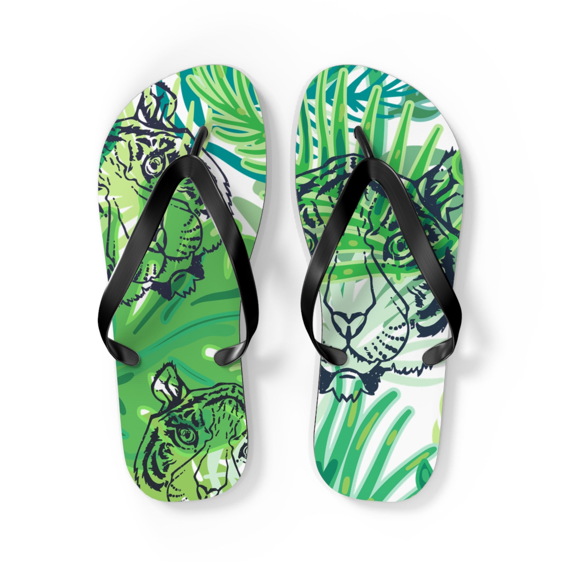 Tropical Jungle Tigers Green Flip Flops, Artsulli - Art is Long, Life is Short, Shoes, Size, L, Color, Black sole, , , 14790093223790