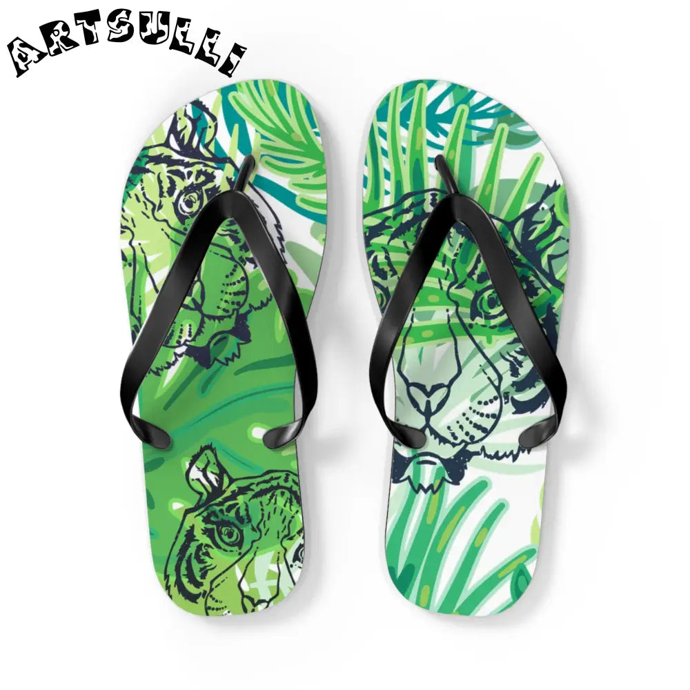 JAKKOUTTHEBXX Tropical Jungle Tigers Green Flip Flops JAKKOUTTHEBXX