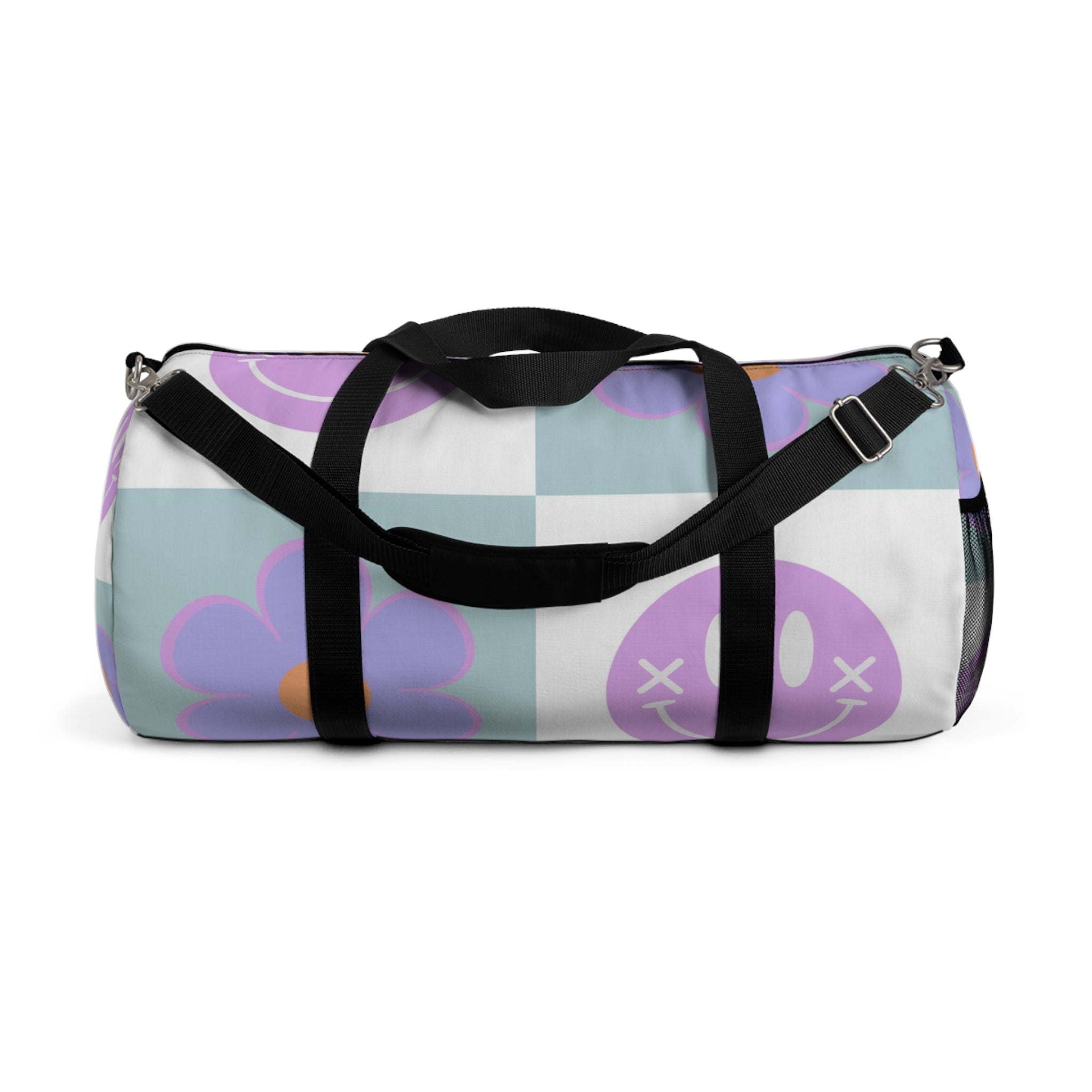 Flower x Smiley Face x Checkerboard Purple Duffel Bag, Artsulli - Art is Long, Life is Short, Bags, Size, Large, , , , , 10777078085501