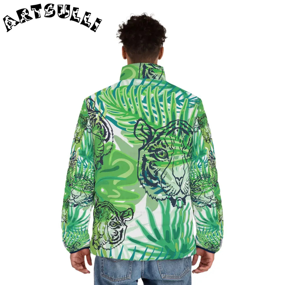 JAKKOUTTHEBXX Tropical Jungle Tigers Green Men’s Puffer Jacket (AOP)