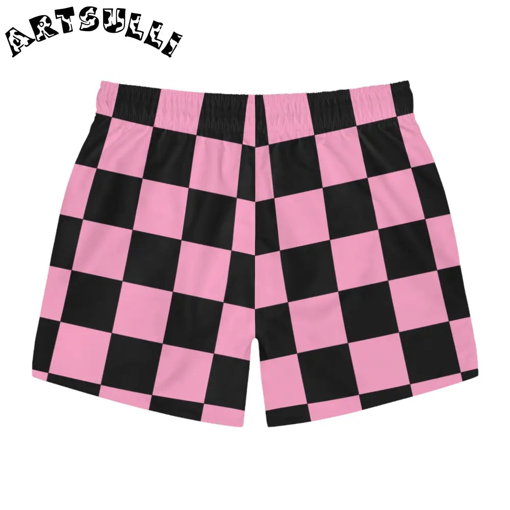 JAKKOUTTHEBXX Checkerboard Black and Pink Swim Trunks (AOP)