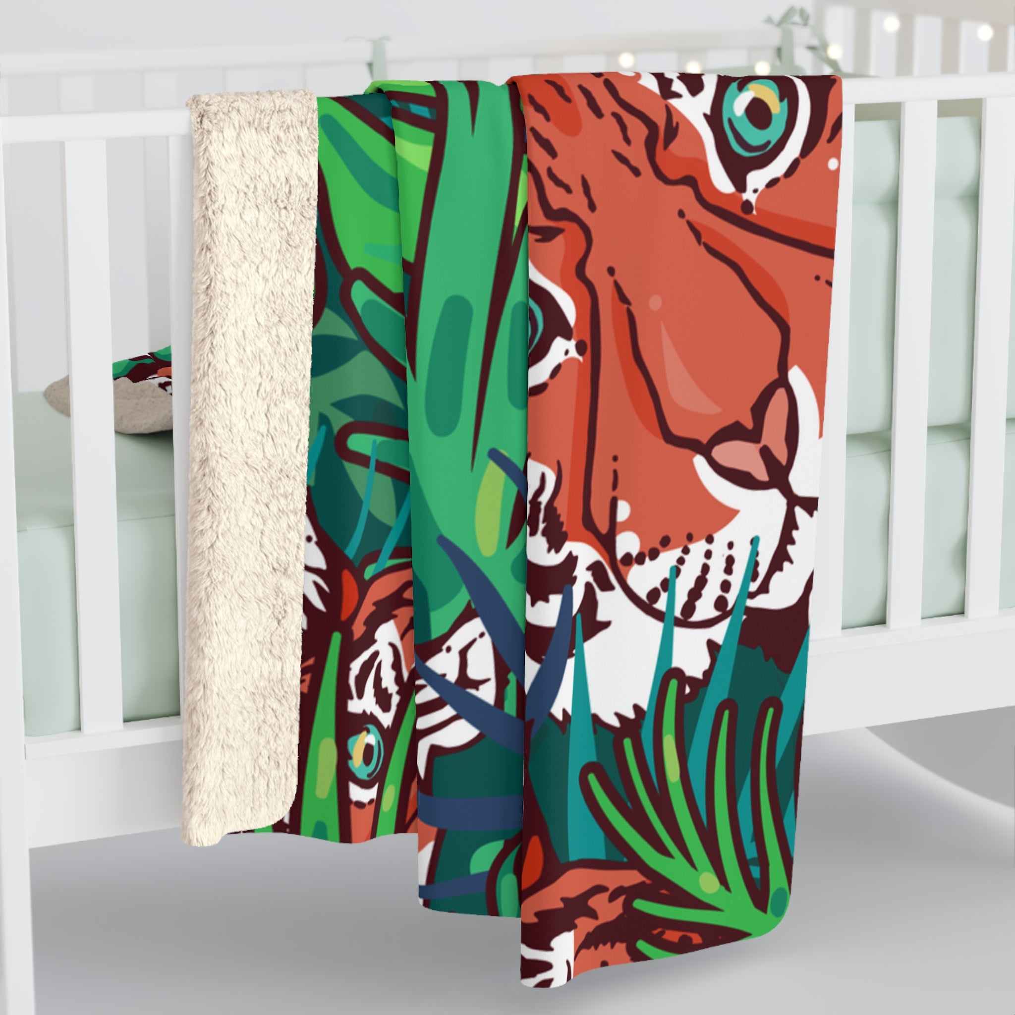 Tropical Jungle Tigers Blue and Green Sherpa Fleece Blanket, Artsulli - Art is Long, Life is Short, Home Decor, , , , , , , 