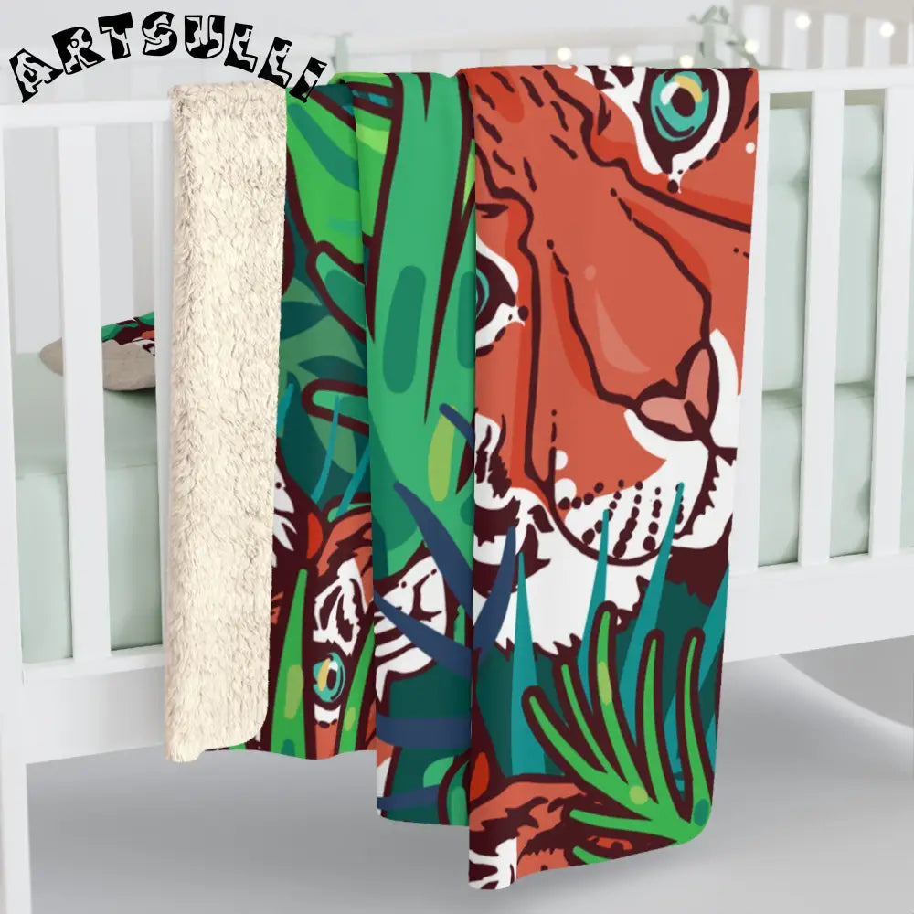 JAKKOUTTHEBXX Tropical Jungle Tigers Blue and Green Sherpa Fleece