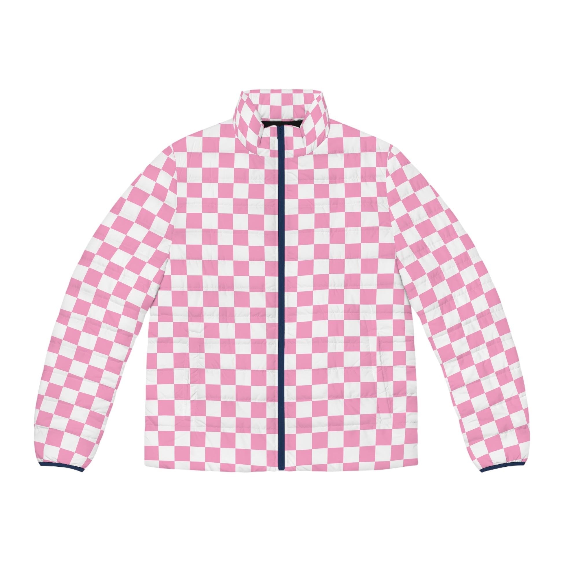 Checkerboard Hot Pink and White Men's Puffer Jacket (AOP), Artsulli - Art is Long, Life is Short, All Over Prints, Size, S, Color, Dark blue zipper, , , 33870976408092164387