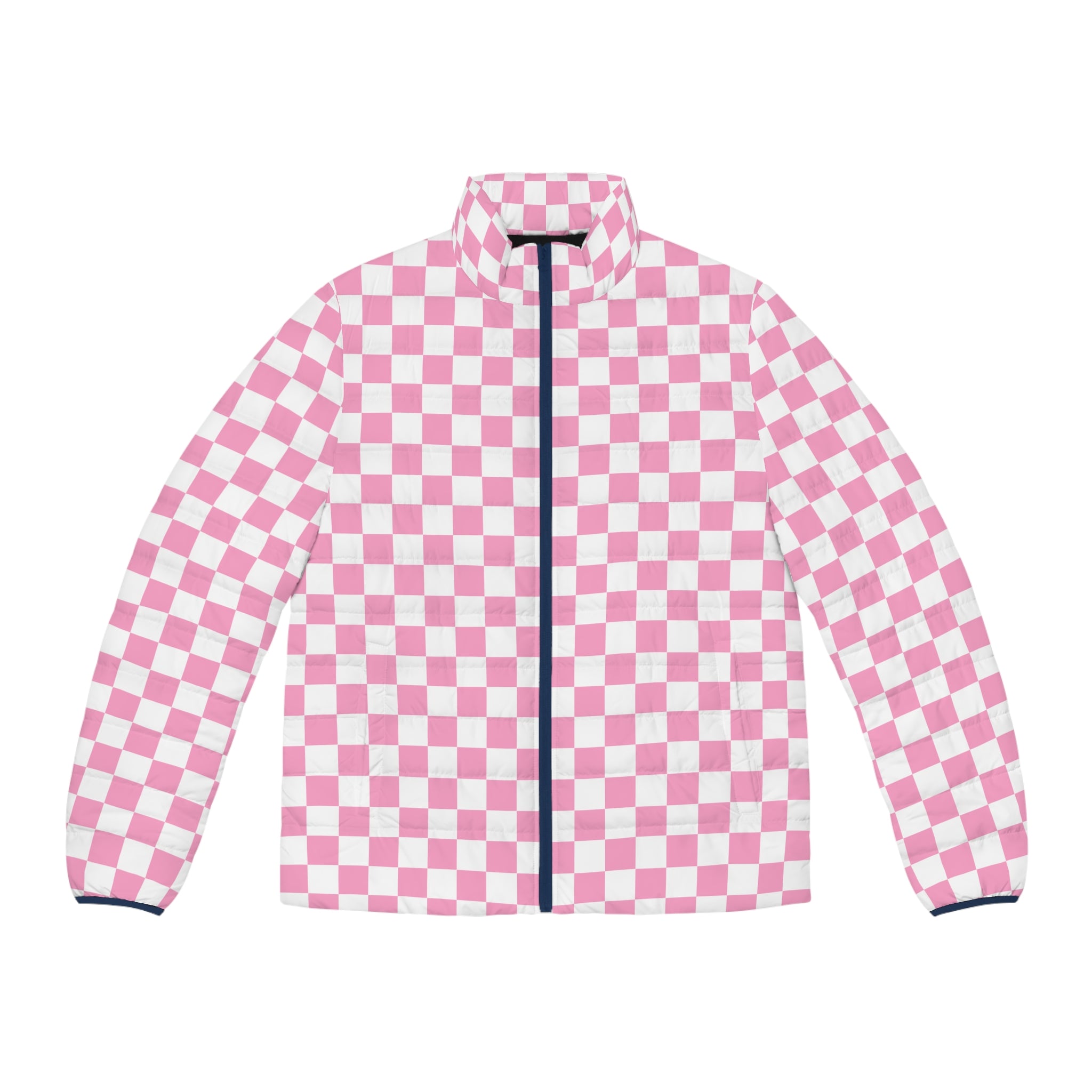 Checkerboard Hot Pink and White Men's Puffer Jacket (AOP), Artsulli - Art is Long, Life is Short, All Over Prints, Size, S, Color, Dark blue zipper, , , 33870976408092164387