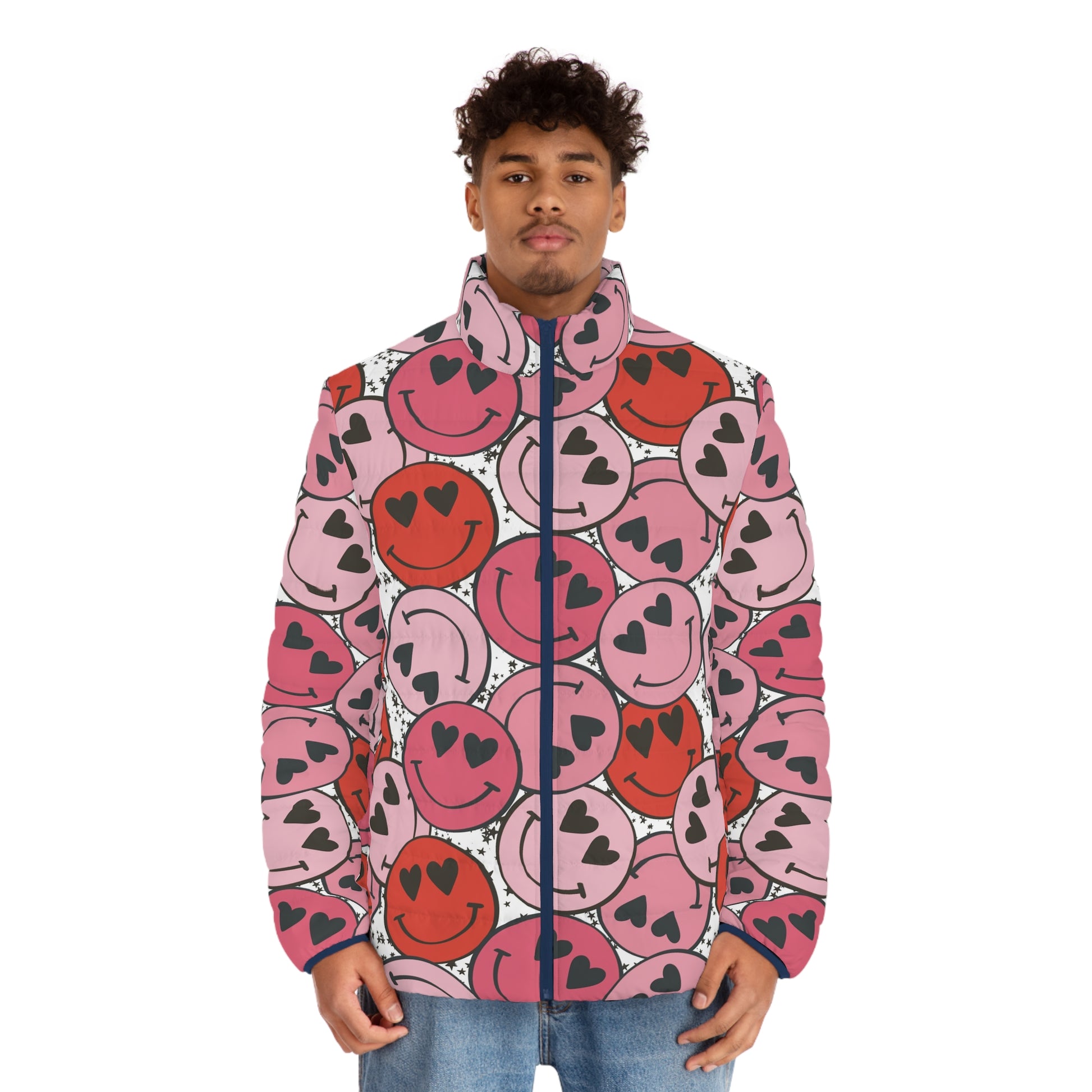 Smiley Face x Heart Eyes Pink and Red Men's Puffer Jacket (AOP), Artsulli - Art is Long, Life is Short, All Over Prints, , , , , , , 