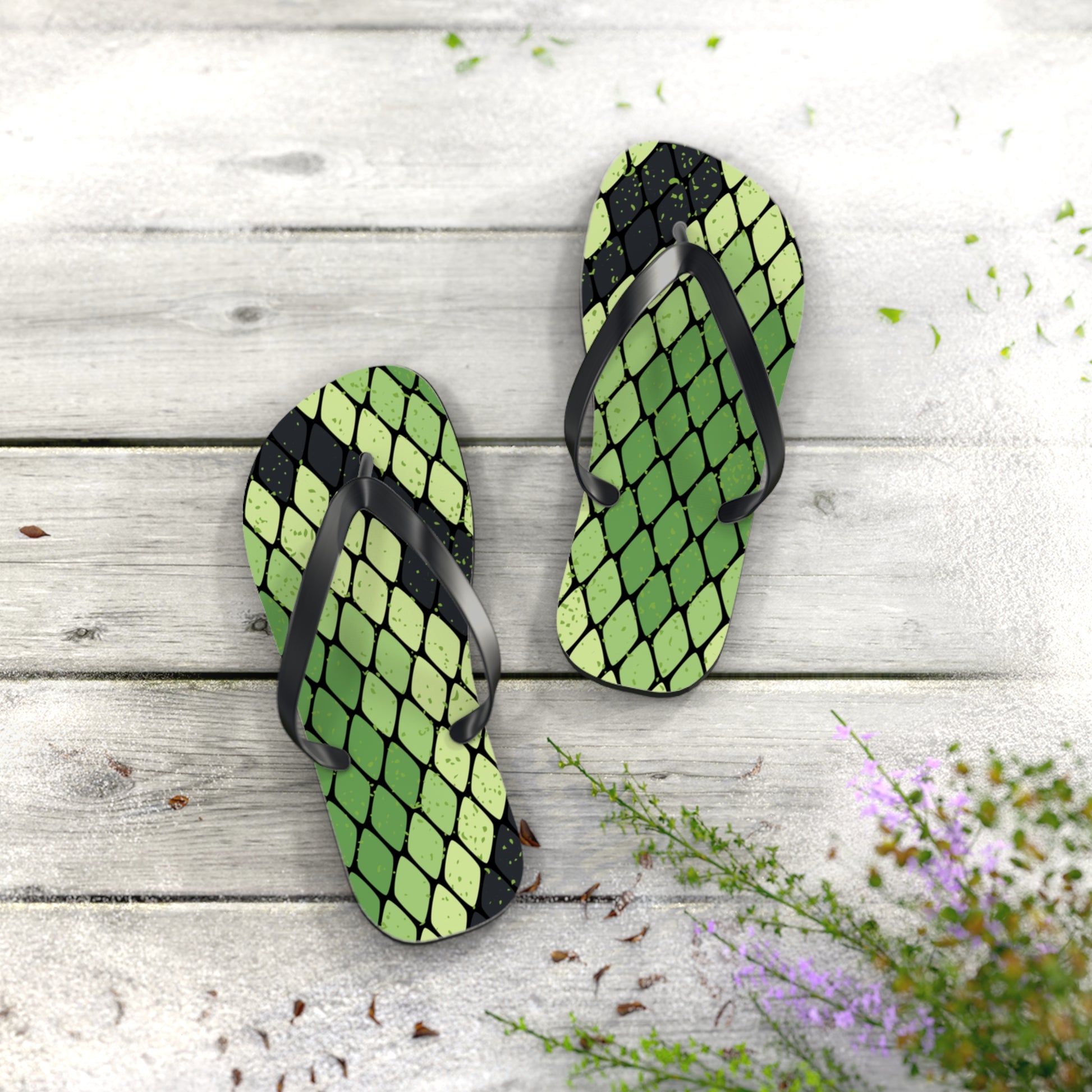 Snake Skin Green and Black Flip Flops, Artsulli - Art is Long, Life is Short, Shoes, , , , , , , 