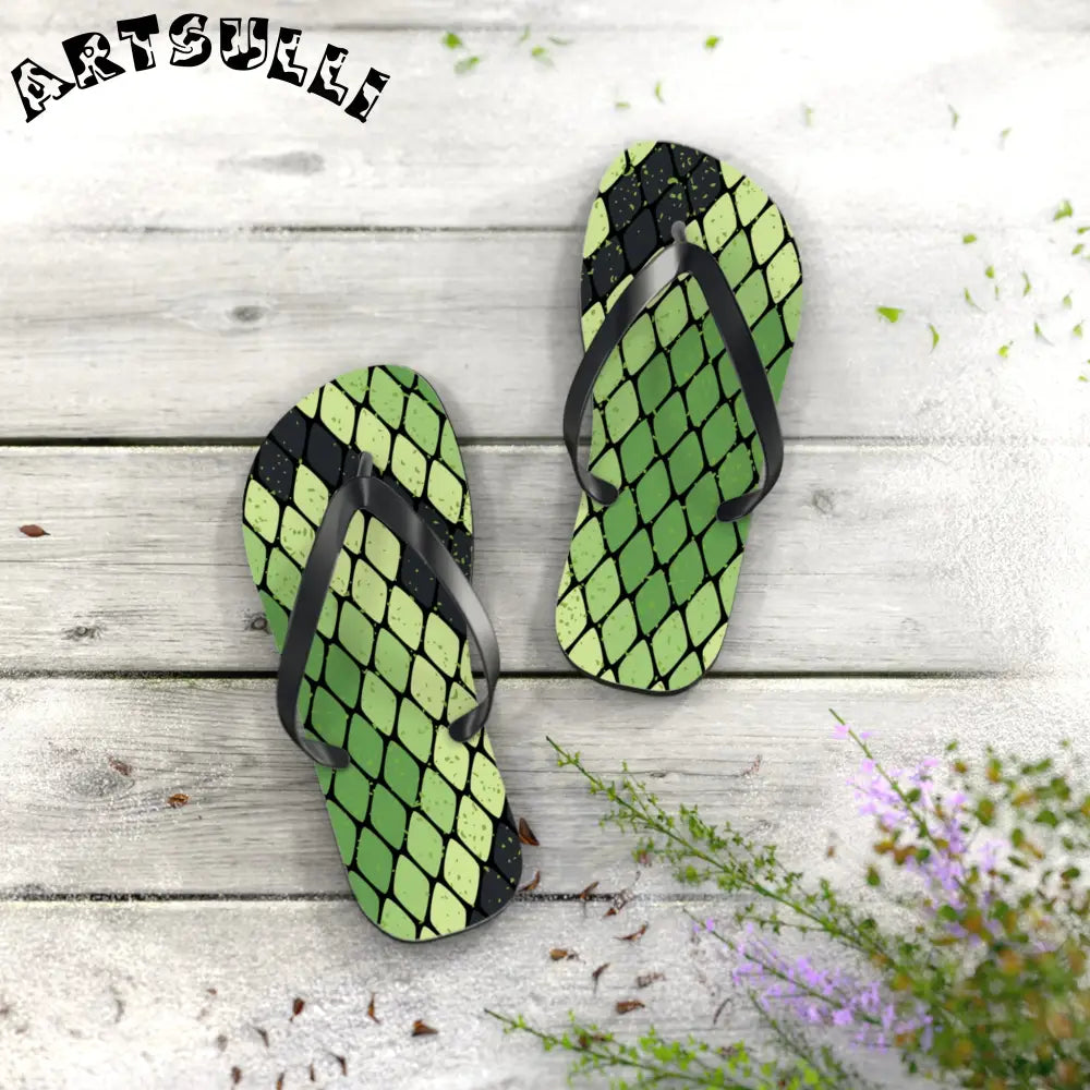 JAKKOUTTHEBXX Snake Skin Green and Black Flip Flops JAKKOUTTHEBXX