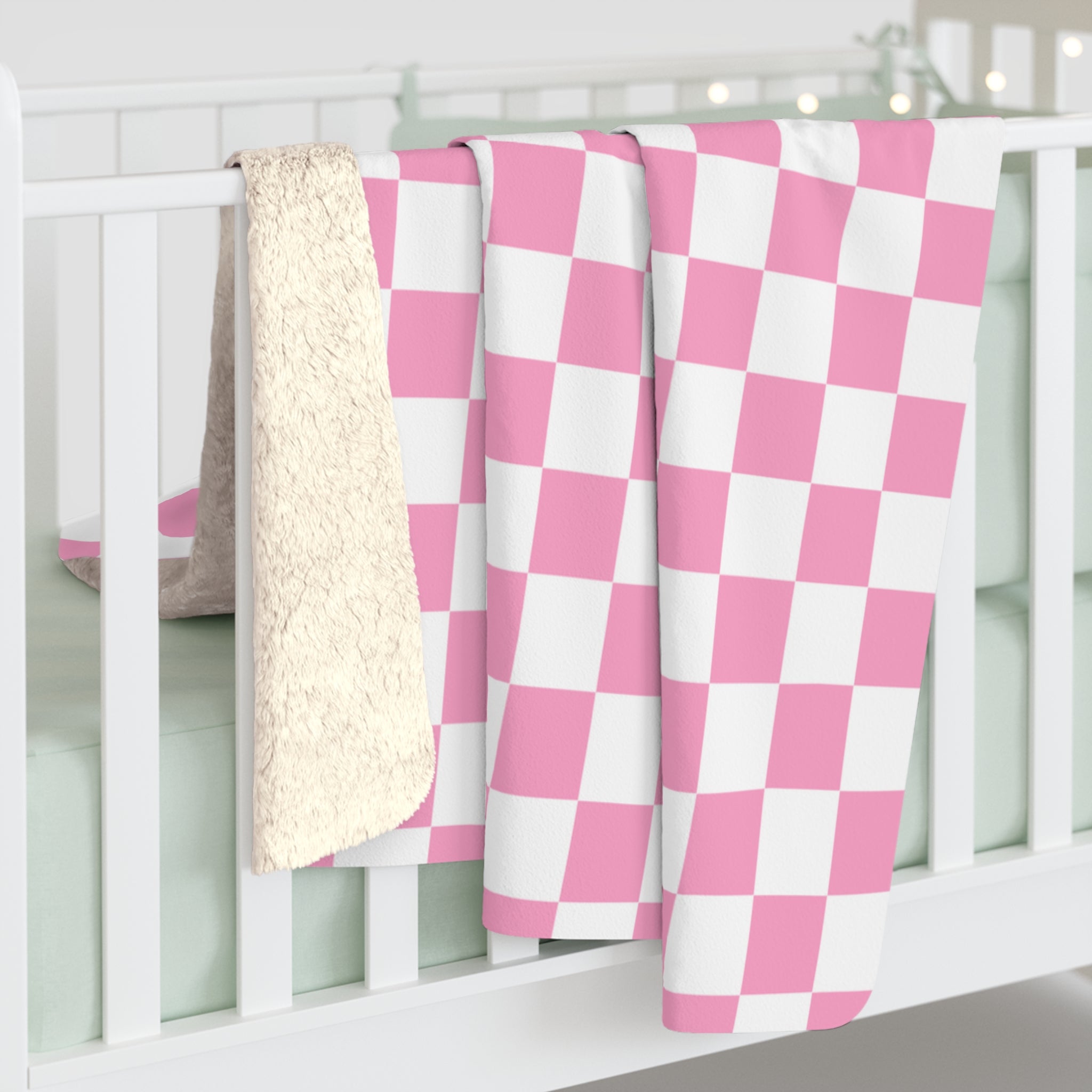 Checkerboard II Hot Pink and White Sherpa Fleece Blanket, Artsulli - Art is Long, Life is Short, Home Decor, , , , , , , 