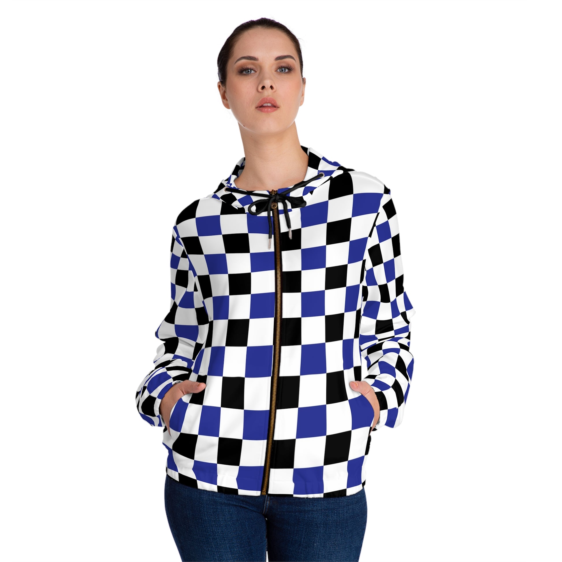 Checkerboard Blue White and Black Women’s Full-Zip Hoodie (AOP), Artsulli - Art is Long, Life is Short, All Over Prints, , , , , , , 