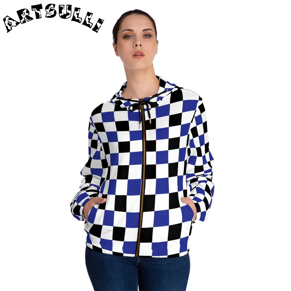 JAKKOUTTHEBXX Checkerboard Blue White and Black Women’s Full-Zip