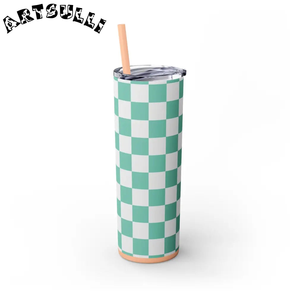 JAKKOUTTHEBXX Checkerboard Light Green Skinny Tumbler with Straw