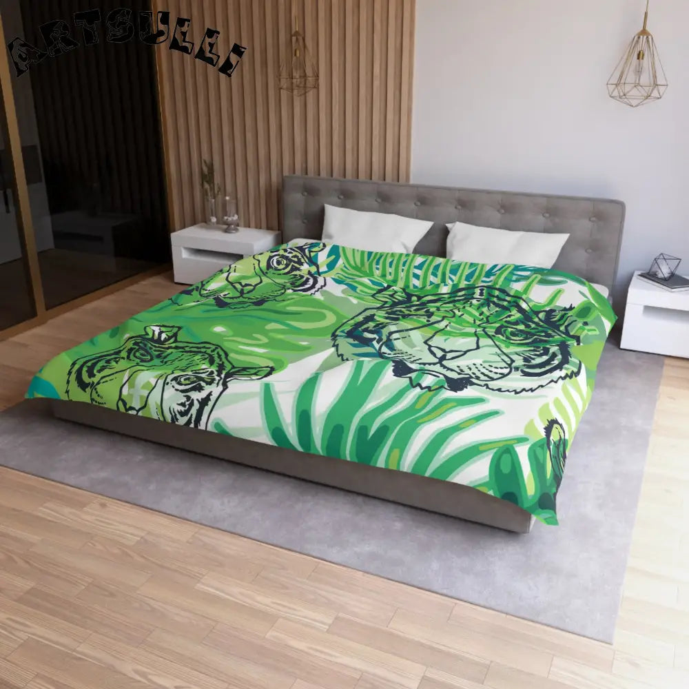 JAKKOUTTHEBXX Tropical Jungle Tigers Green Microfiber Duvet Cover