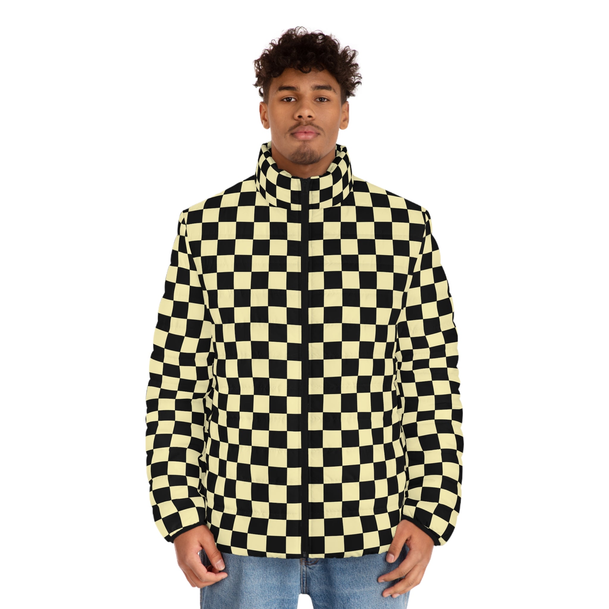 Checkerboard Black and Yellow Men's Puffer Jacket (AOP), Artsulli - Art is Long, Life is Short, All Over Prints, , , , , , , 