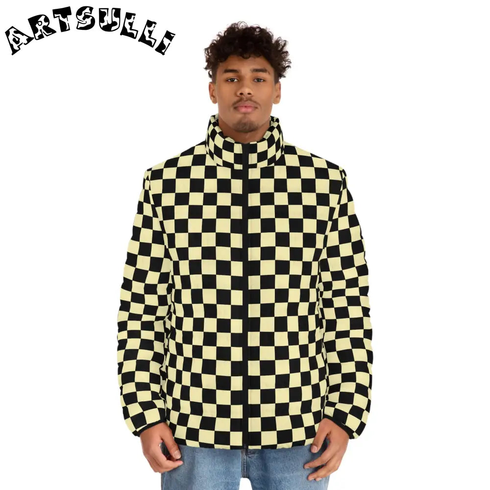 JAKKOUTTHEBXX Checkerboard Black and Yellow Men’s Puffer Jacket