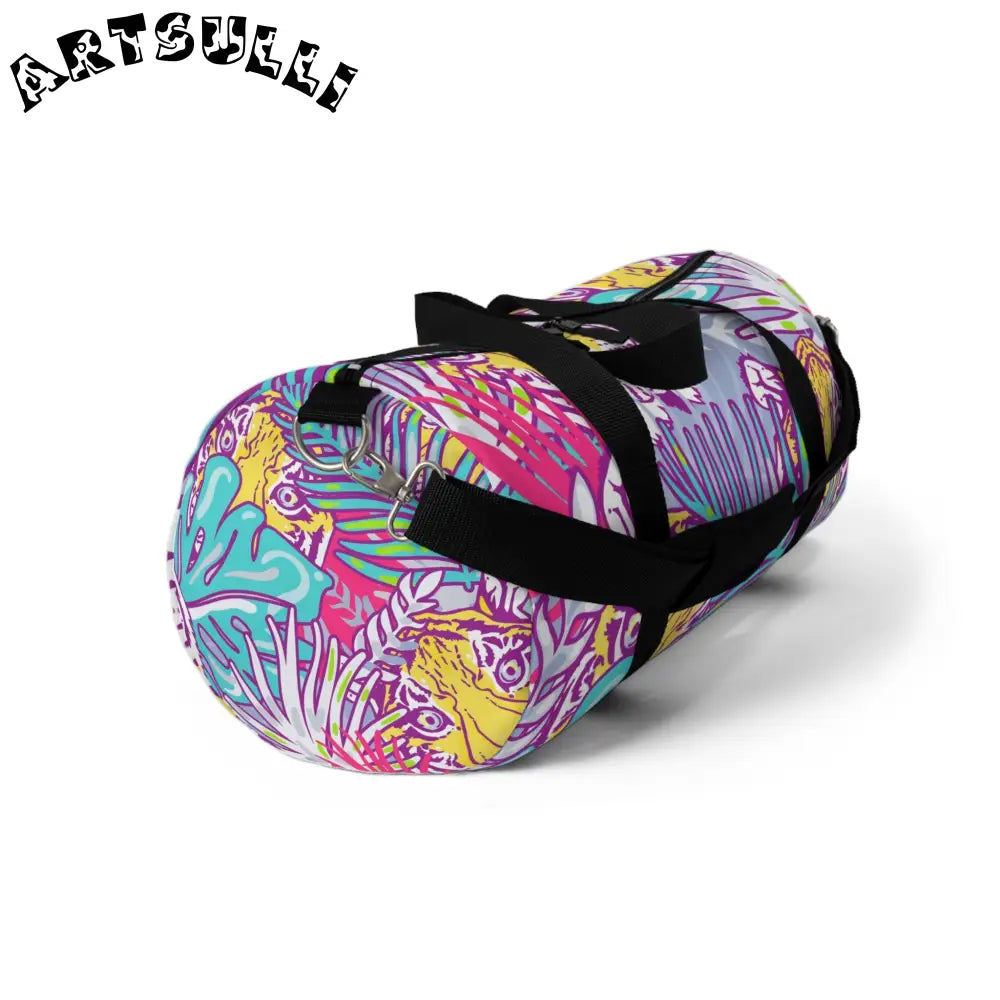 JAKKOUTTHEBXX Tropical Floral Tigers Torquise and Purple Duffel Bag