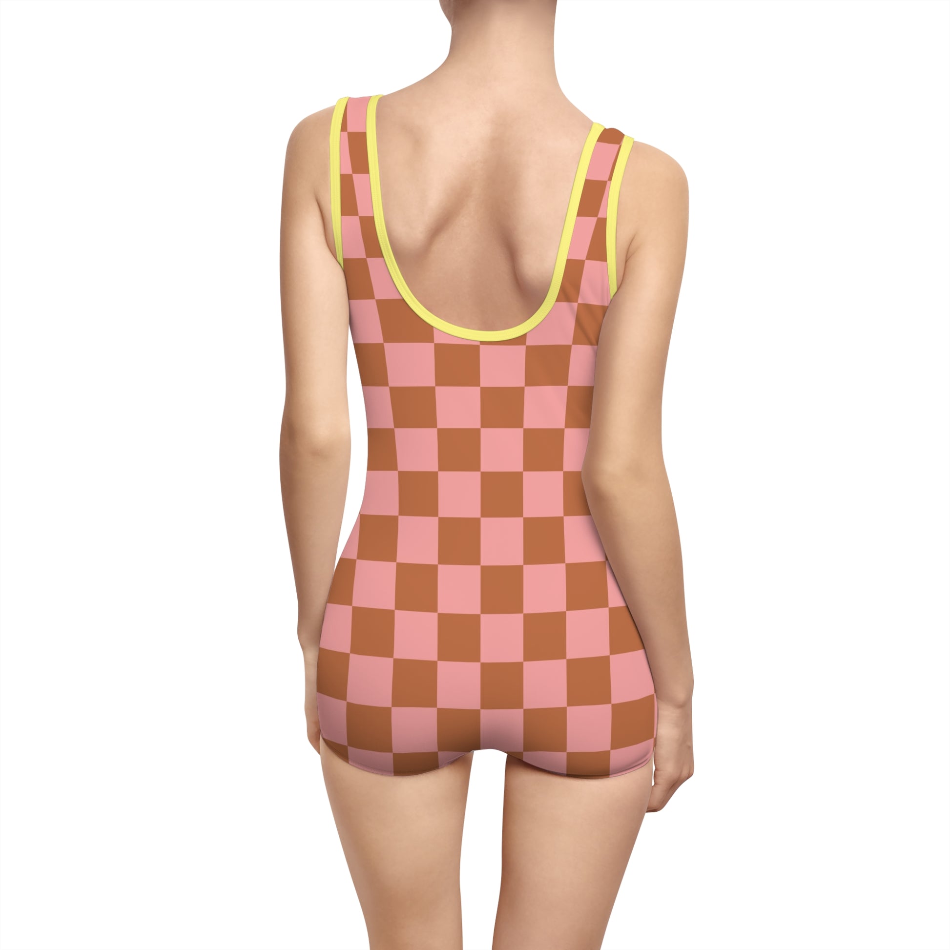 Chessboard Pink and Brown Women's Vintage Swimsuit (AOP), Artsulli - Art is Long, Life is Short, All Over Prints, , , , , , , 