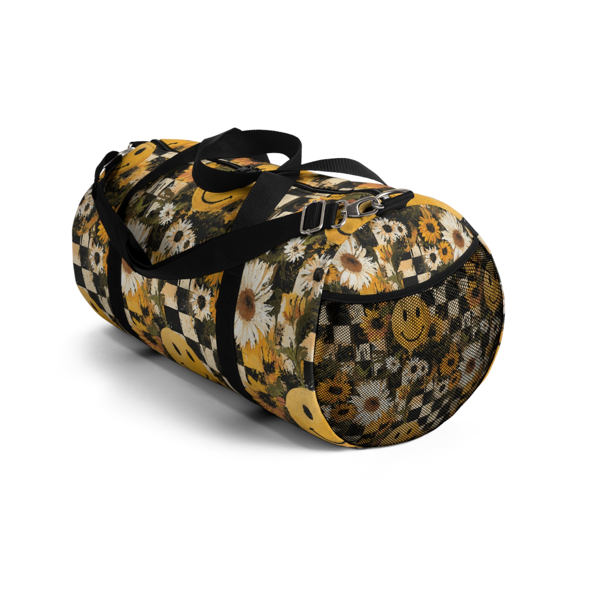 Smiley Face x Checkerboard x Sunflowers x Trippy x Vintage II Black and Yellow Duffel Bag, Artsulli - Art is Long, Life is Short, Bags, , , , , , , 