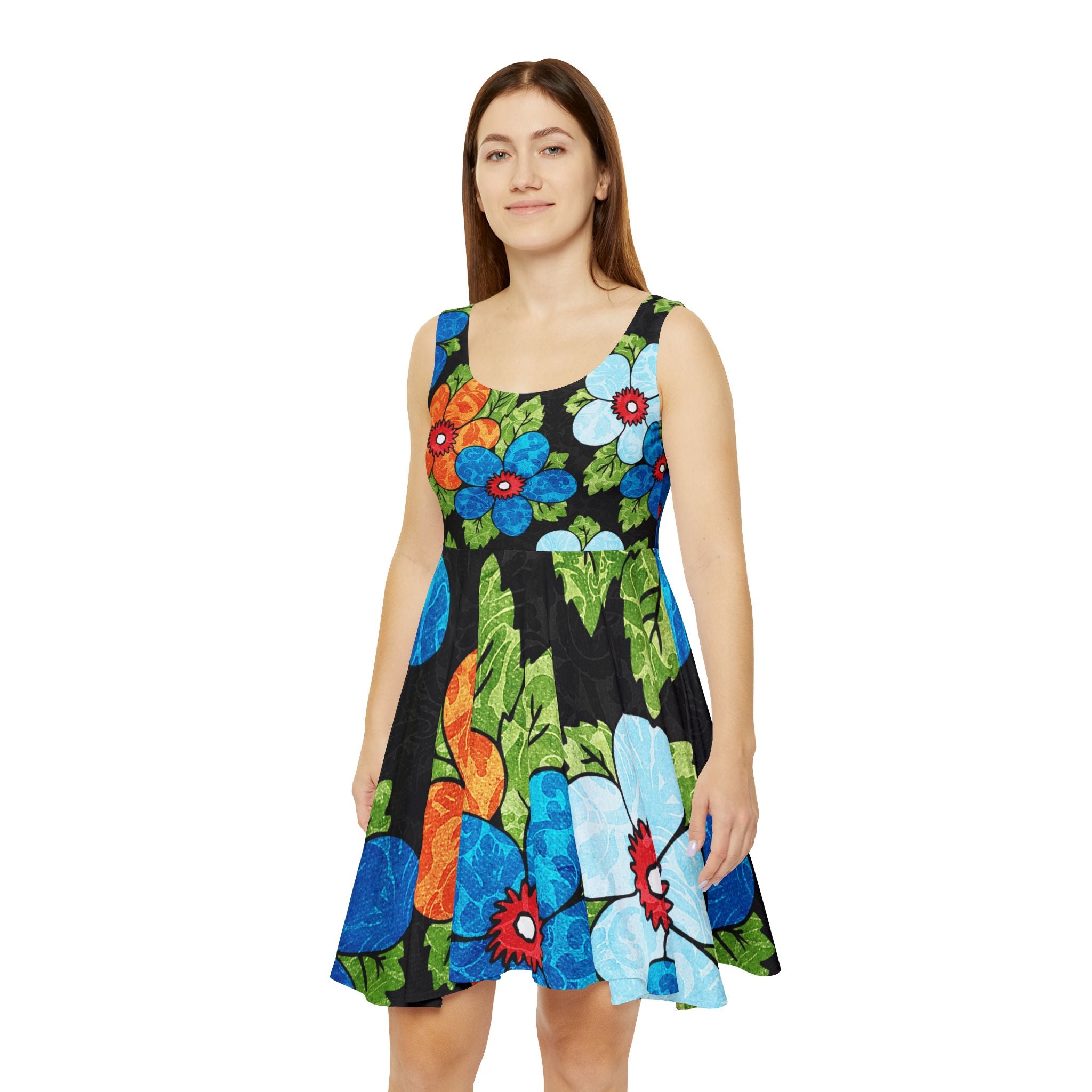 Groovy Black Floral Kl II Women's Skater Dress (AOP), Artsulli - Art is Long, Life is Short, All Over Prints, , , , , , , 