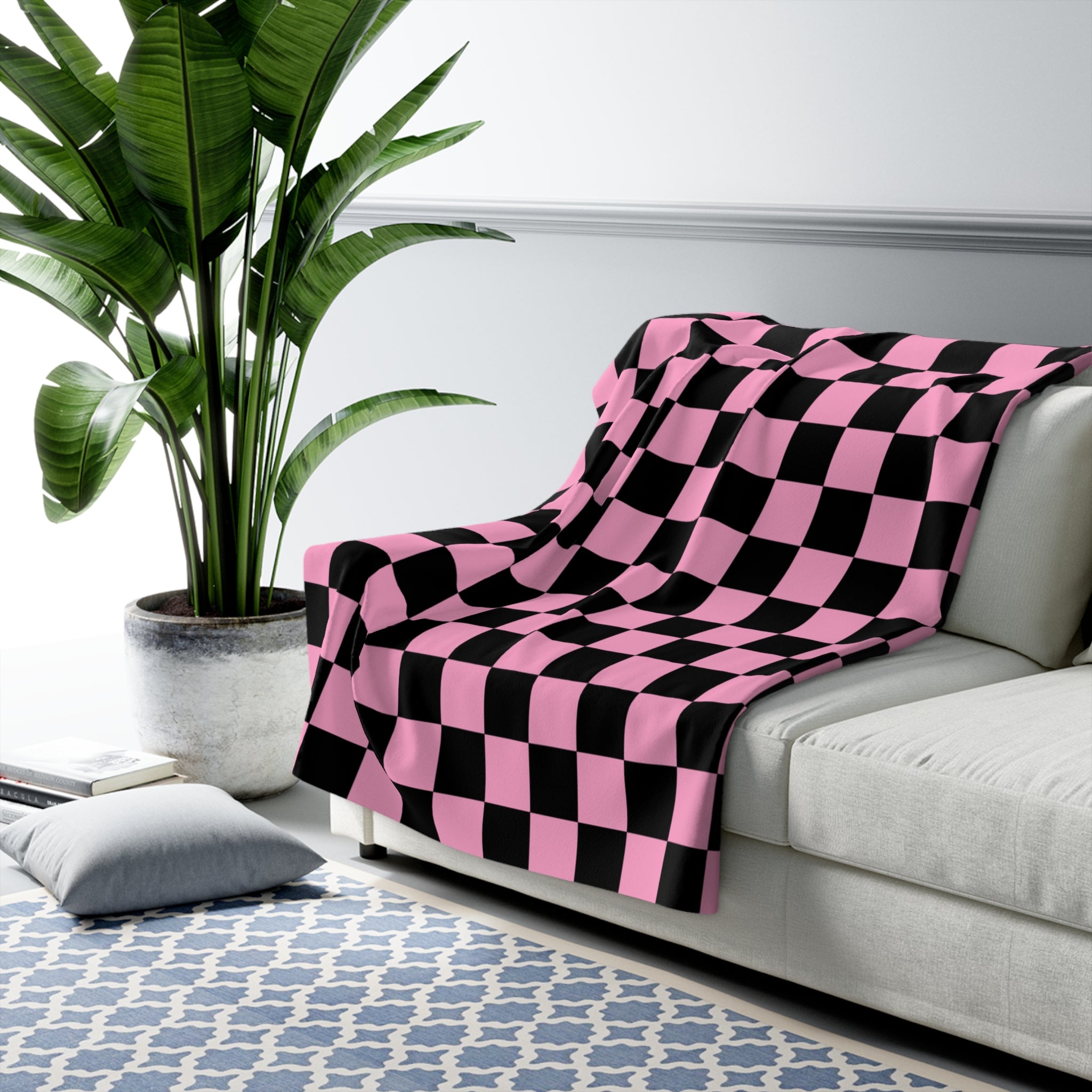 Checkerboard Black and Pink Sherpa Fleece Blanket, Artsulli - Art is Long, Life is Short, Home Decor, , , , , , , 