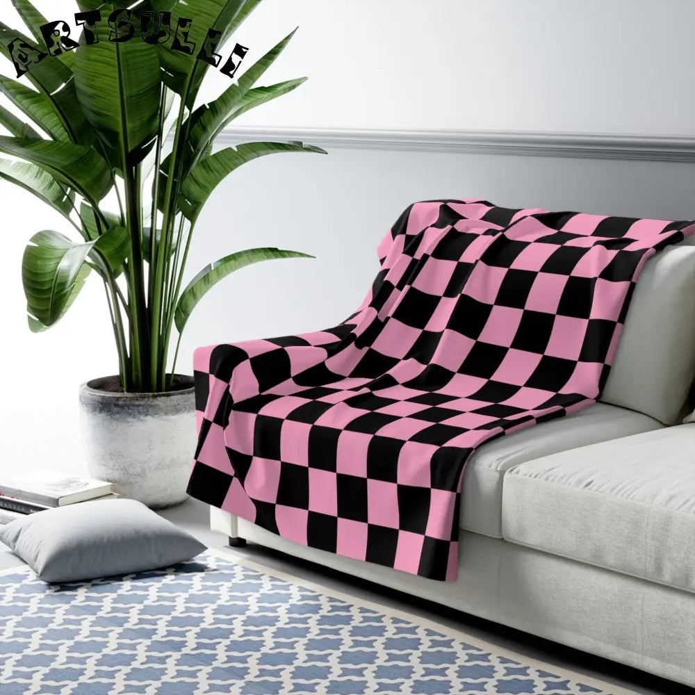 JAKKOUTTHEBXX Checkerboard Black and Pink Sherpa Fleece Blanket