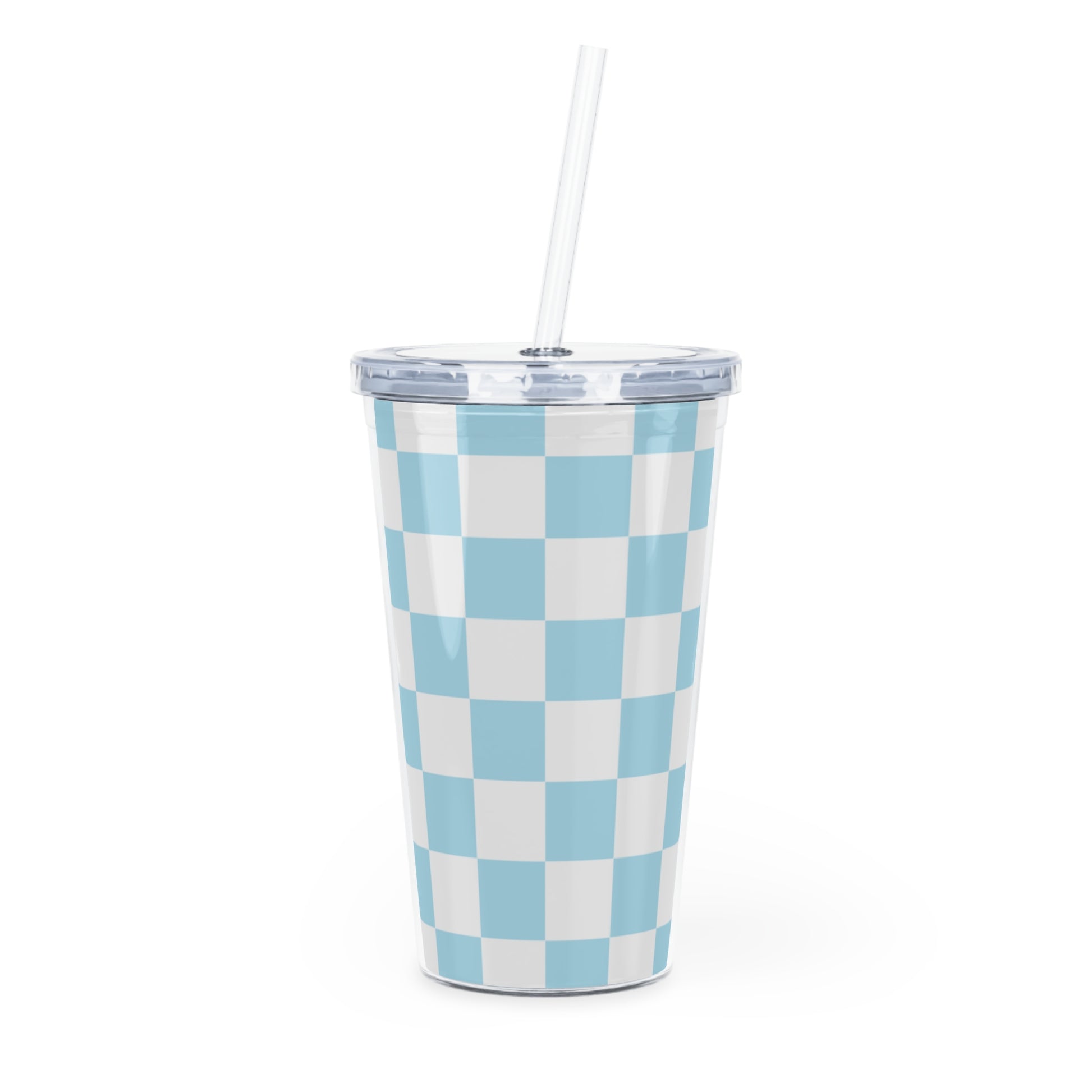 Checkerboard Sky Blue Plastic Tumbler with Straw, Artsulli - Art is Long, Life is Short, Mug, Size, 20oz, Color, Transparent, , , 26833481920125406899