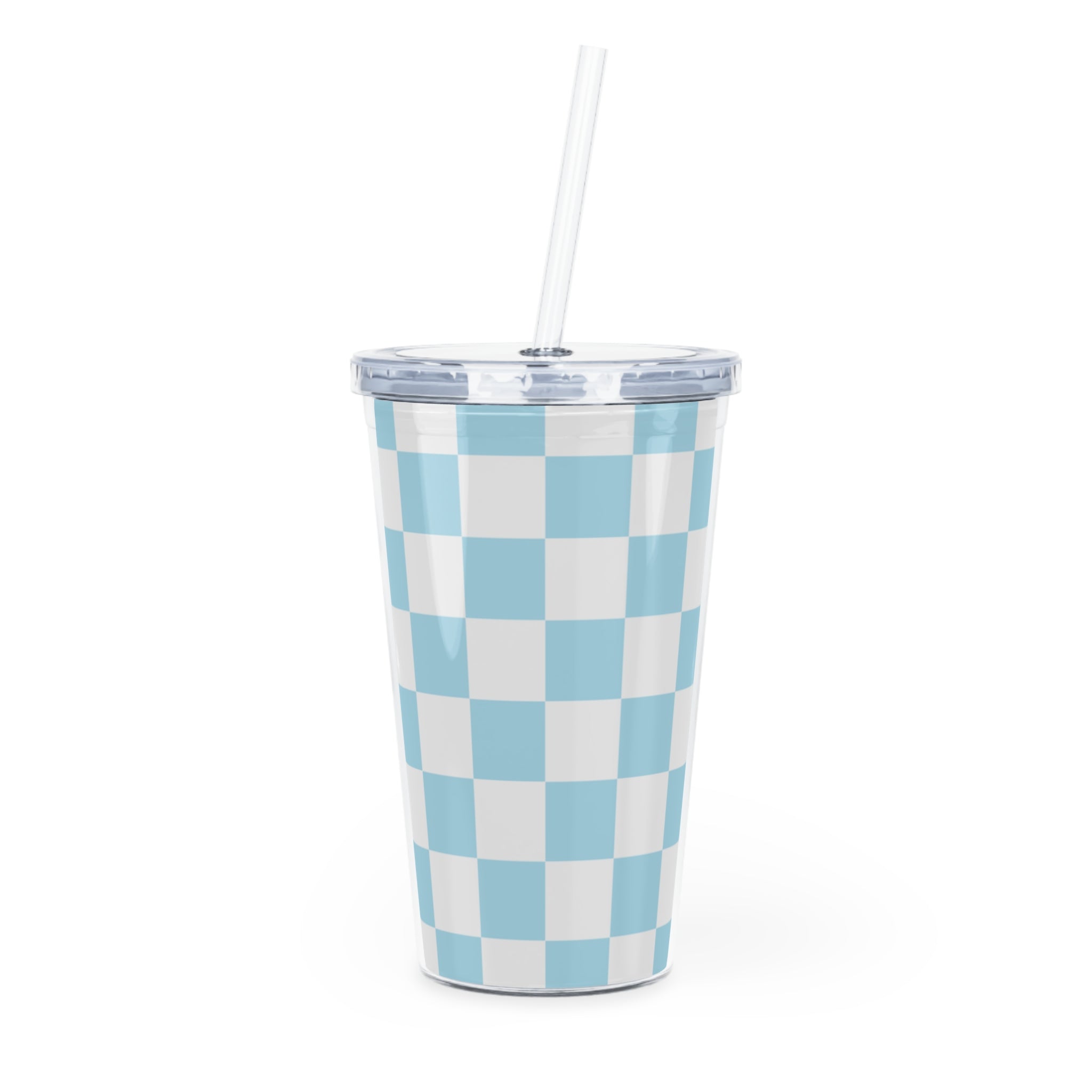 Checkerboard Sky Blue Plastic Tumbler with Straw, Artsulli - Art is Long, Life is Short, Mug, Size, 20oz, Color, Transparent, , , 26833481920125406899