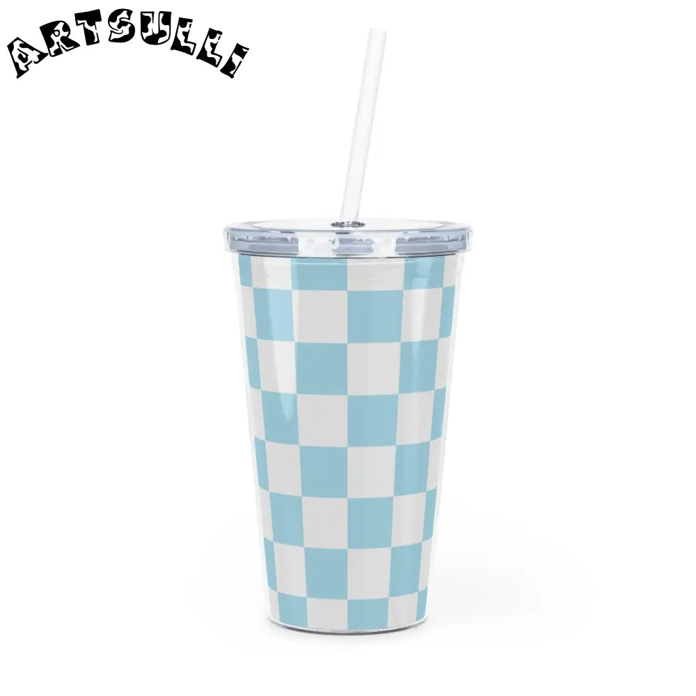 JAKKOUTTHEBXX Checkerboard Sky Blue Plastic Tumbler with Straw