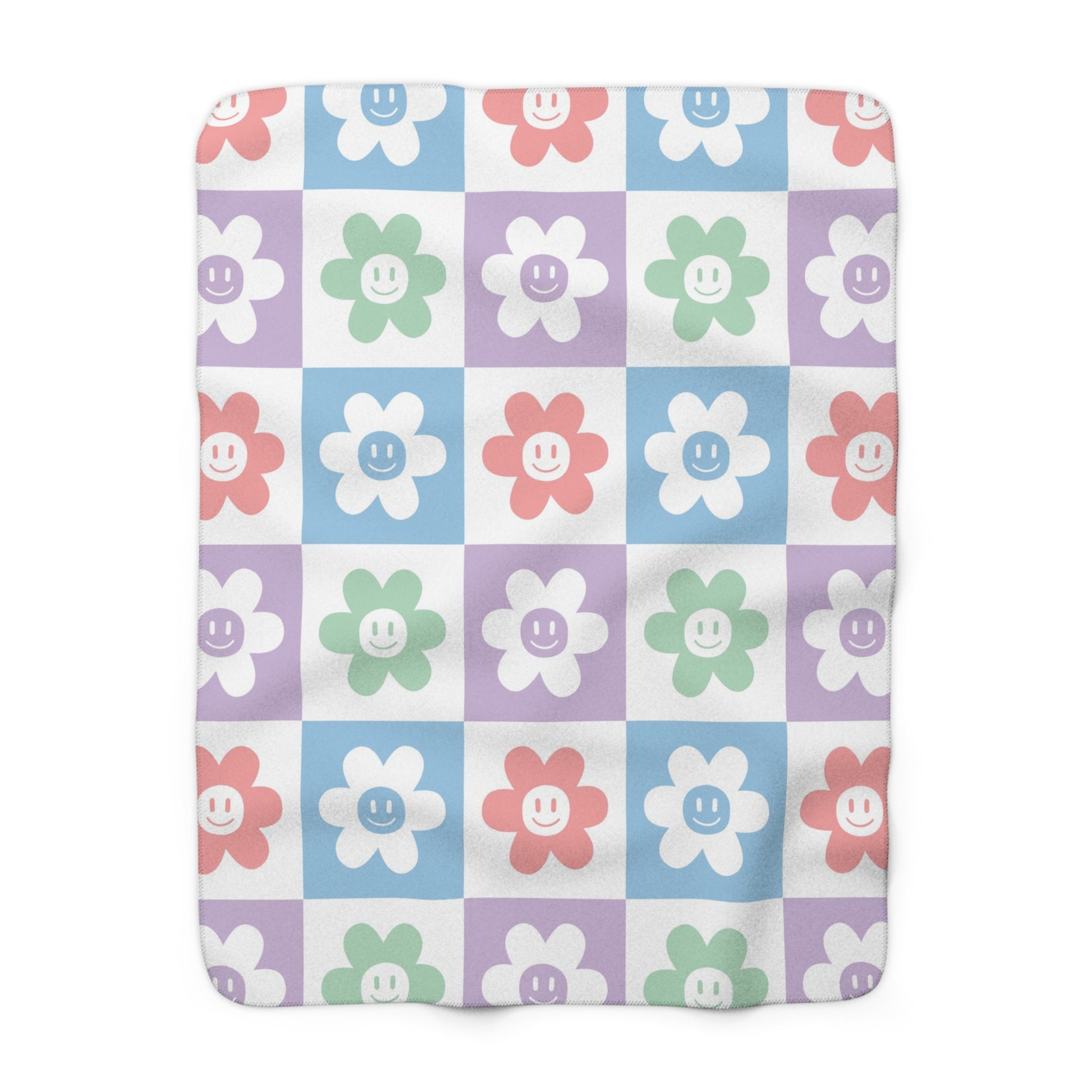 Chessboard x Smiley Face Flowers Multi-Color Sherpa Fleece Blanket, Artsulli - Art is Long, Life is Short, Home Decor, Size, 50" × 60", , , , , 12324689595033007201