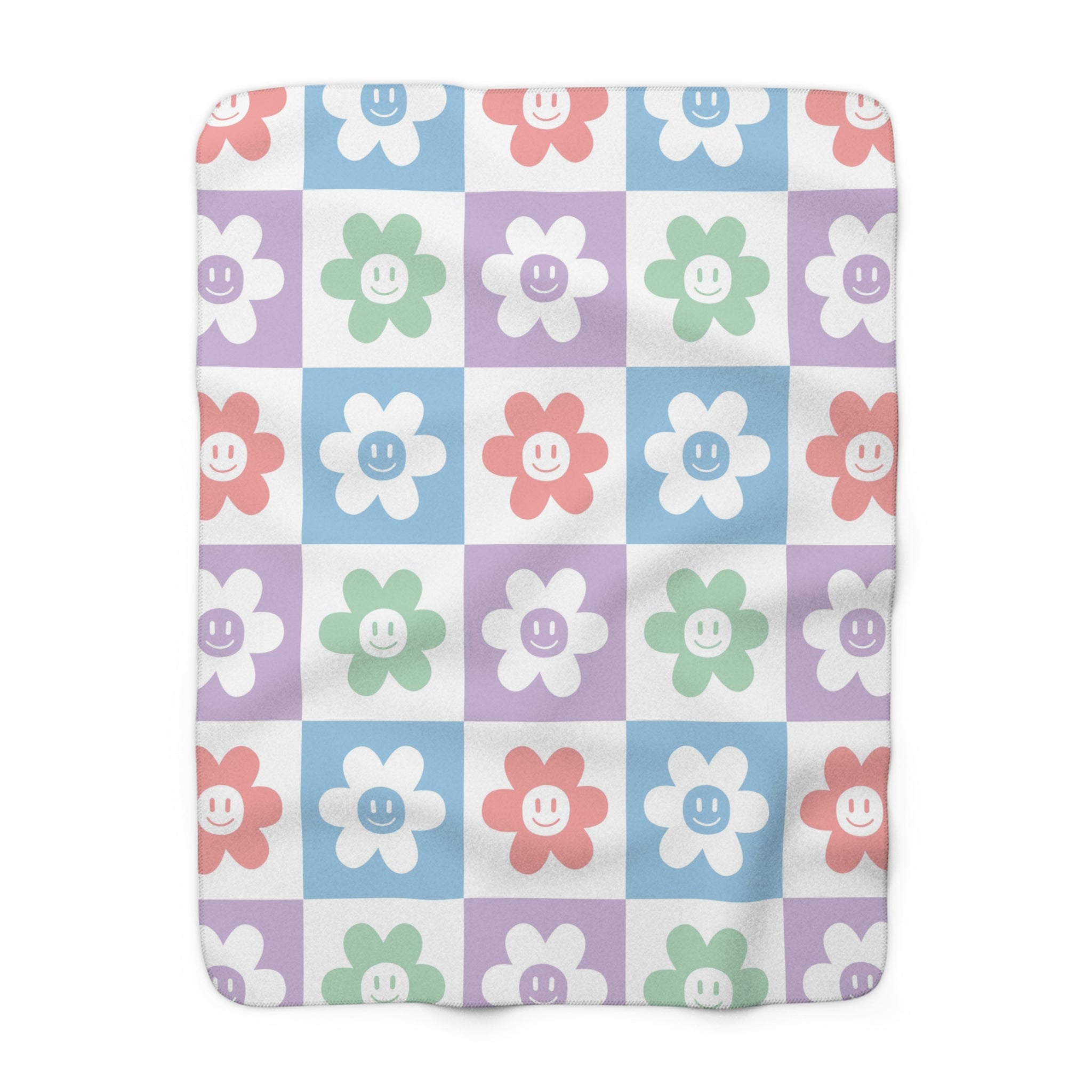 Chessboard x Smiley Face Flowers Multi-Color Sherpa Fleece Blanket, Artsulli - Art is Long, Life is Short, Home Decor, Size, 50" × 60", , , , , 12324689595033007201