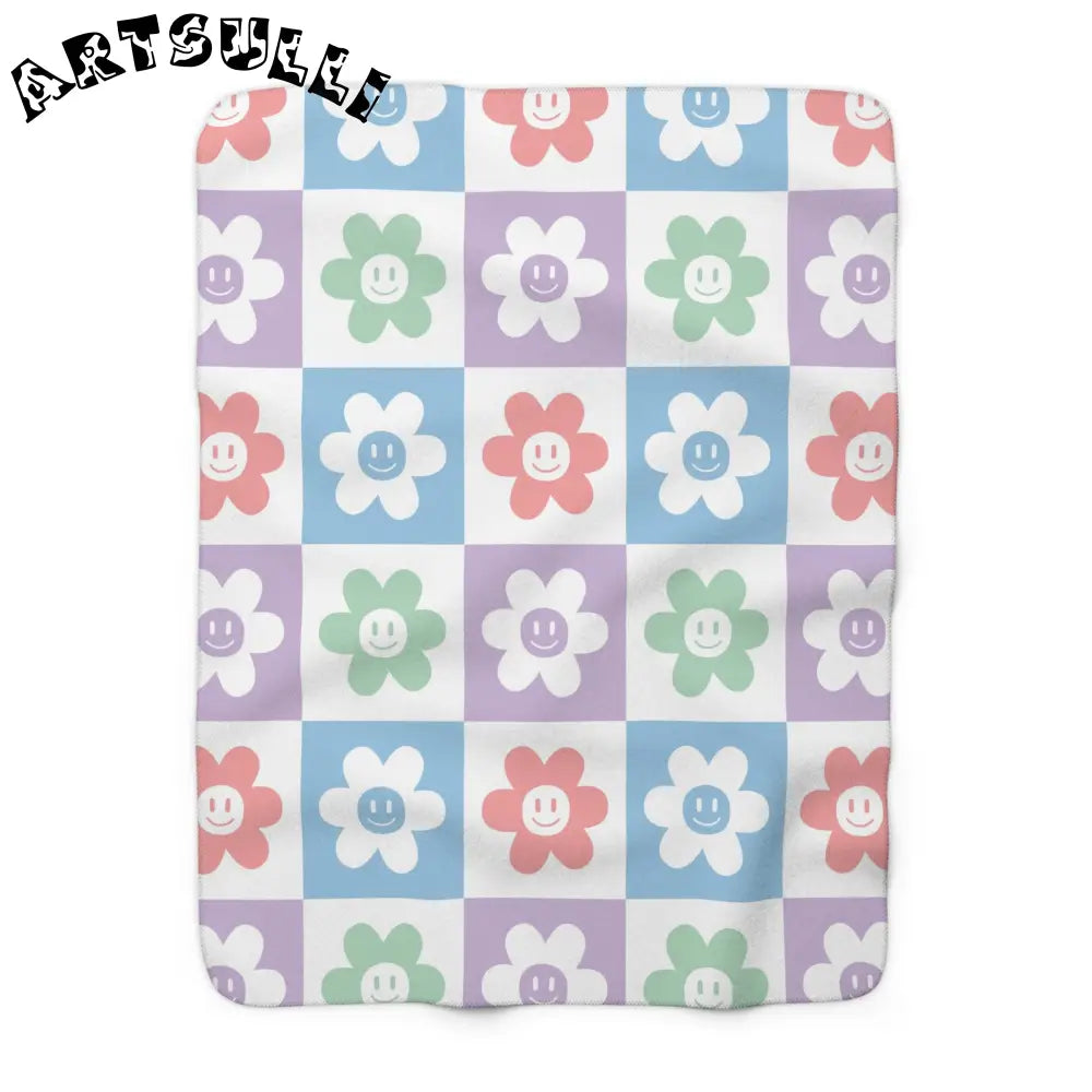 JAKKOUTTHEBXX Smiling Flower Checkerboard Sherpa Fleece Blanket 2025