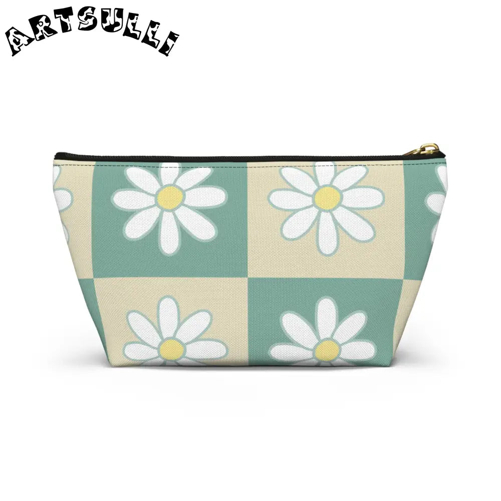 JAKKOUTTHEBXX Retro Daisy Checkerboard Green and Tan Accessory Pouch
