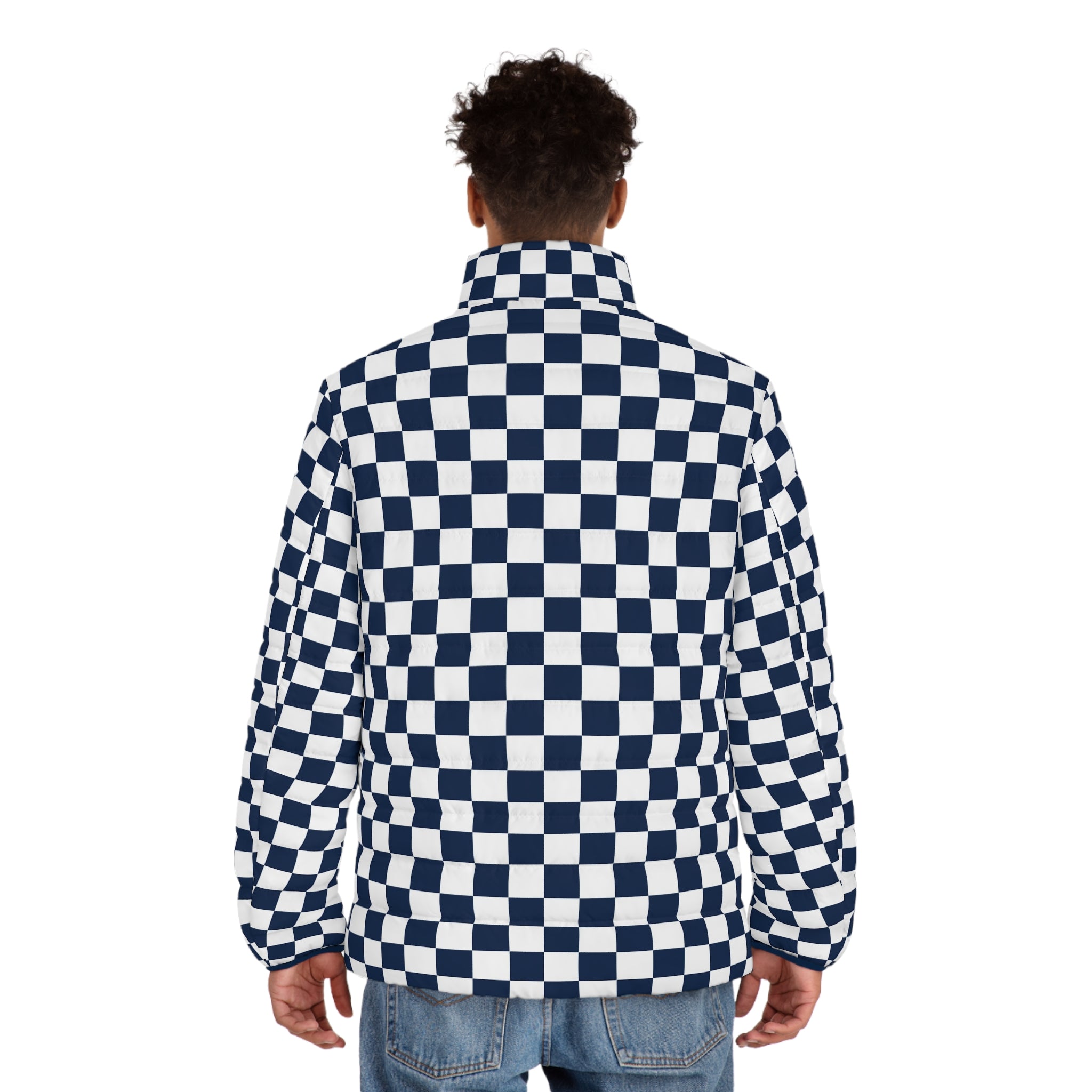 Checkerboard White and Navy Blue Men's Puffer Jacket (AOP), Artsulli - Art is Long, Life is Short, All Over Prints, , , , , , , 