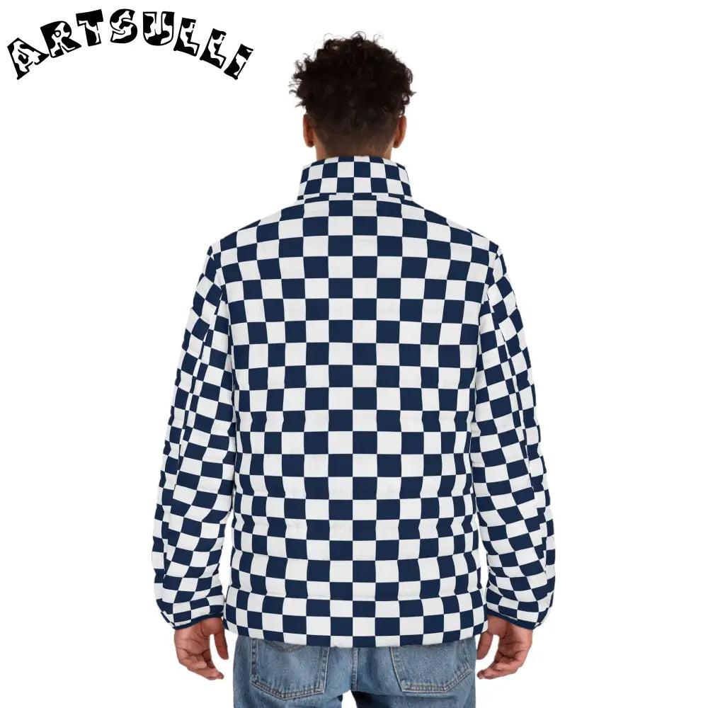 JAKKOUTTHEBXX Checkerboard White and Navy Blue Men’s Puffer Jacket