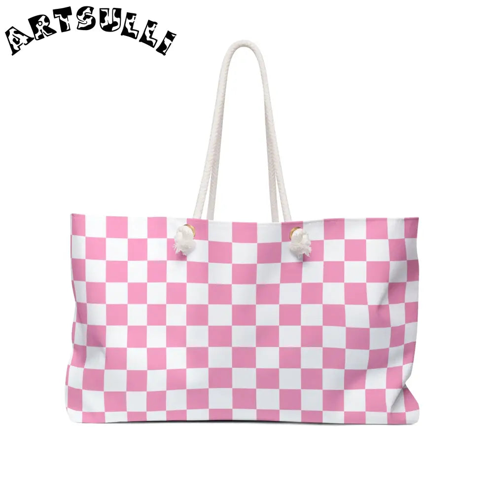 JAKKOUTTHEBXX Checkerboard Hot Pink and White Weekender Bag