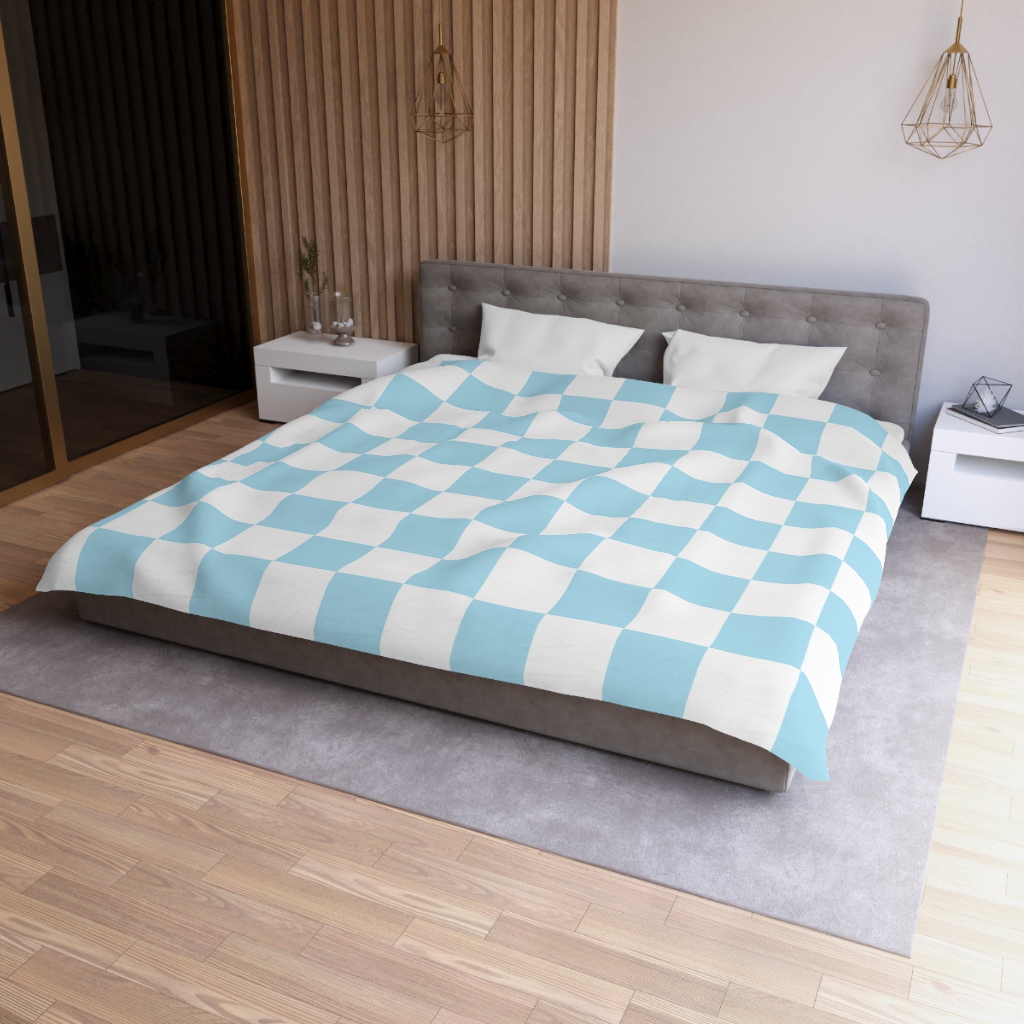 Checkerboard Sky Blue Microfiber Duvet Cover, Artsulli - Art is Long, Life is Short, Home Decor, , , , , , , 