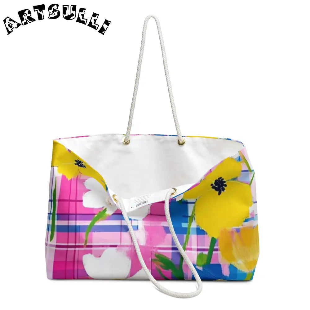 JAKKOUTTHEBXX Plaid Garden Pink and Purple Weekender Bag