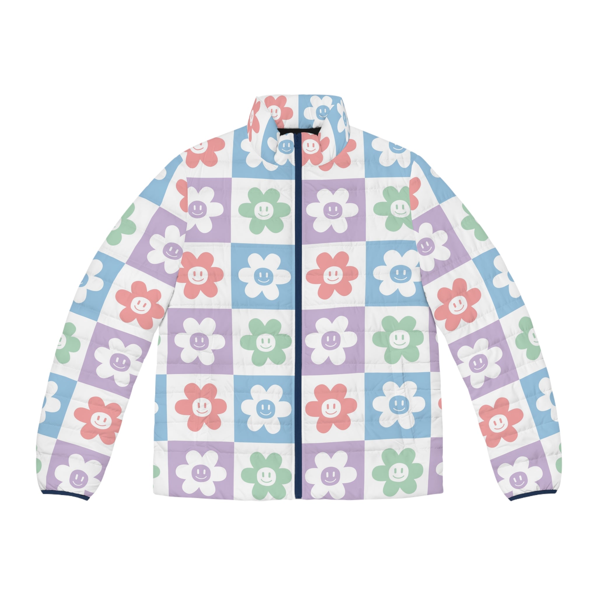 Chessboard x Smiley Face Flowers Multi-Color Men's Puffer Jacket (AOP), Artsulli - Art is Long, Life is Short, All Over Prints, Size, S, Color, Dark blue zipper, , , 15441506331583297381