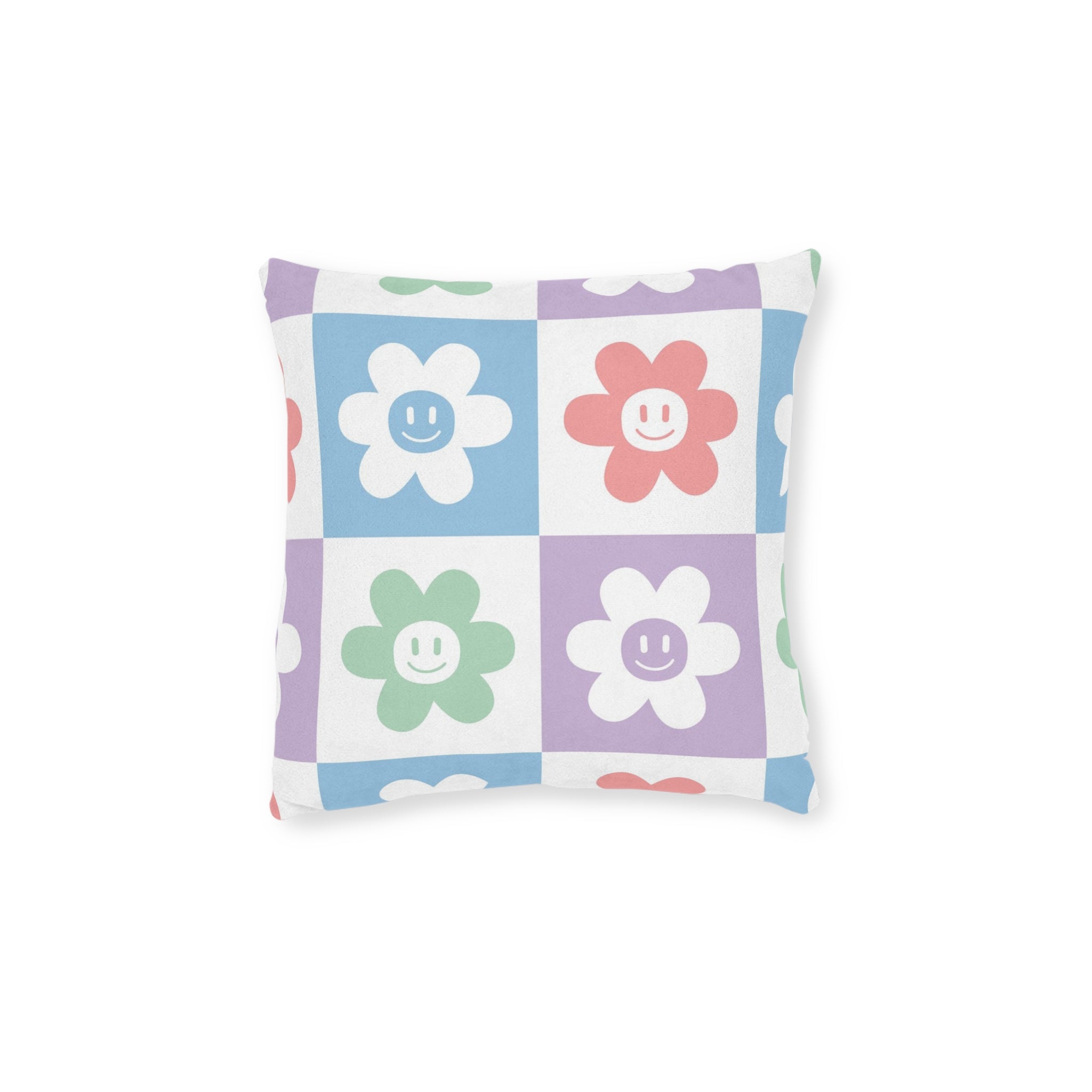Chessboard x Smiley Face Flowers Multi-Color Square Pillow - Pink Back, Artsulli - Art is Long, Life is Short, Home Decor, Size, 12" × 12", , , , , 33393728616706231342