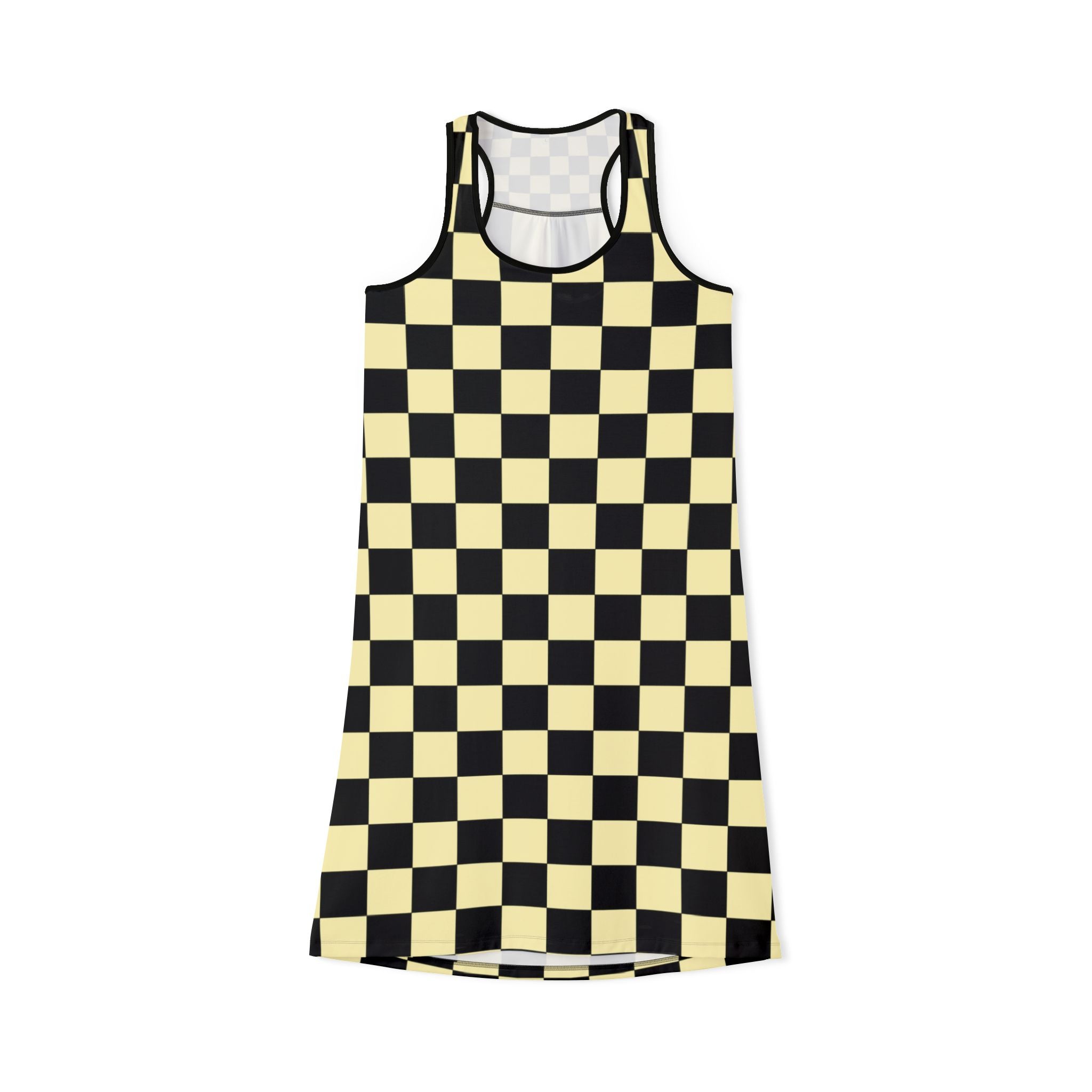 Checkerboard Black and Yellow Women's Racerback Dress (AOP), Artsulli - Art is Long, Life is Short, Tank Top, Size, XS, Color, Black, , , 13745947093524526925