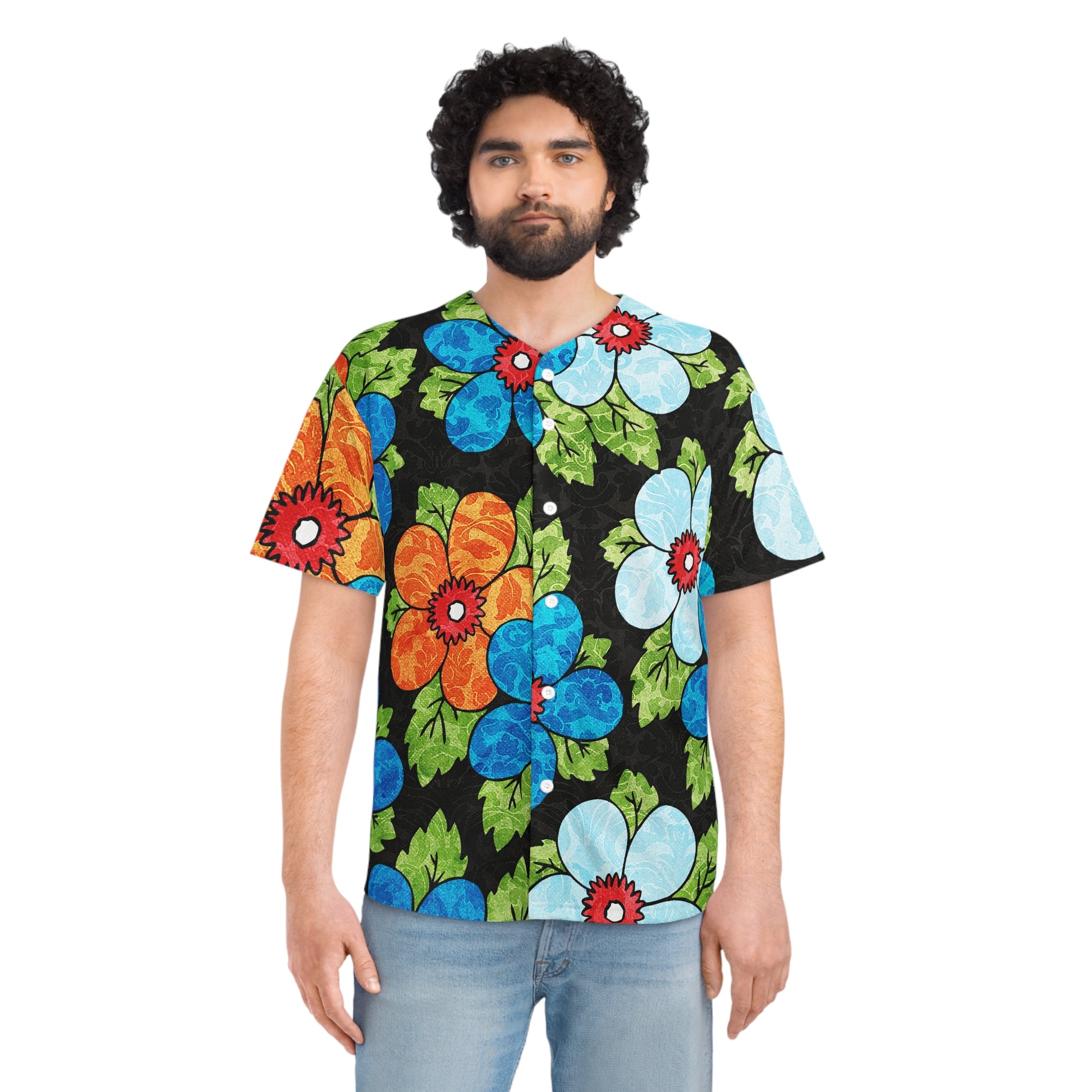Groovy Black Floral Kl II Men's Baseball Jersey (AOP), Artsulli - Art is Long, Life is Short, All Over Prints, , , , , , , 