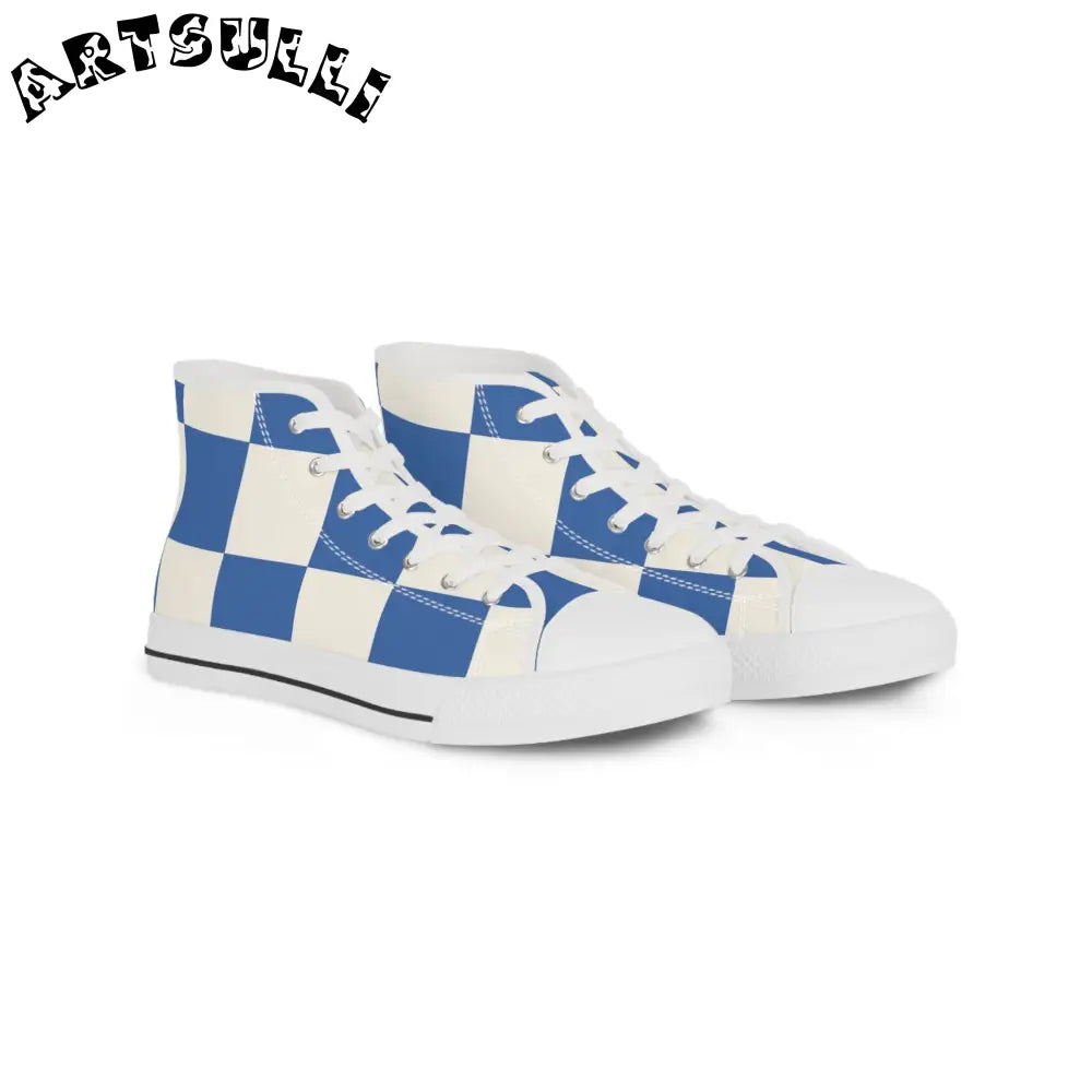 Big Checkerboard Blue Men's High Top Sneakers, Artsulli - Art is Long, Life is Short, Shoes, Size, US 5, Color, White sole, , , 25084919027495502824