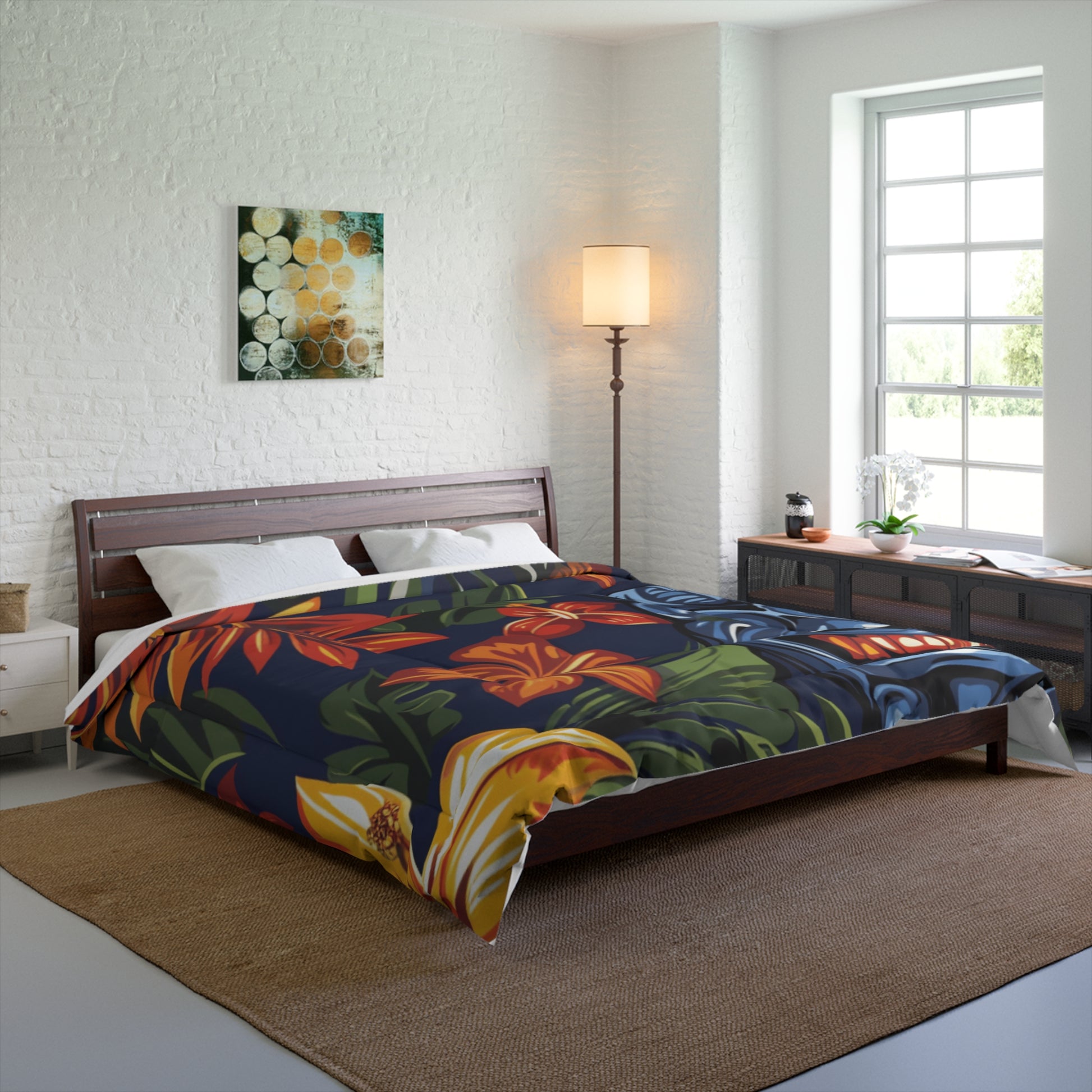 Tiki Bloom Navy Comforter, Artsulli - Art is Long, Life is Short, Home Decor, , , , , , , 